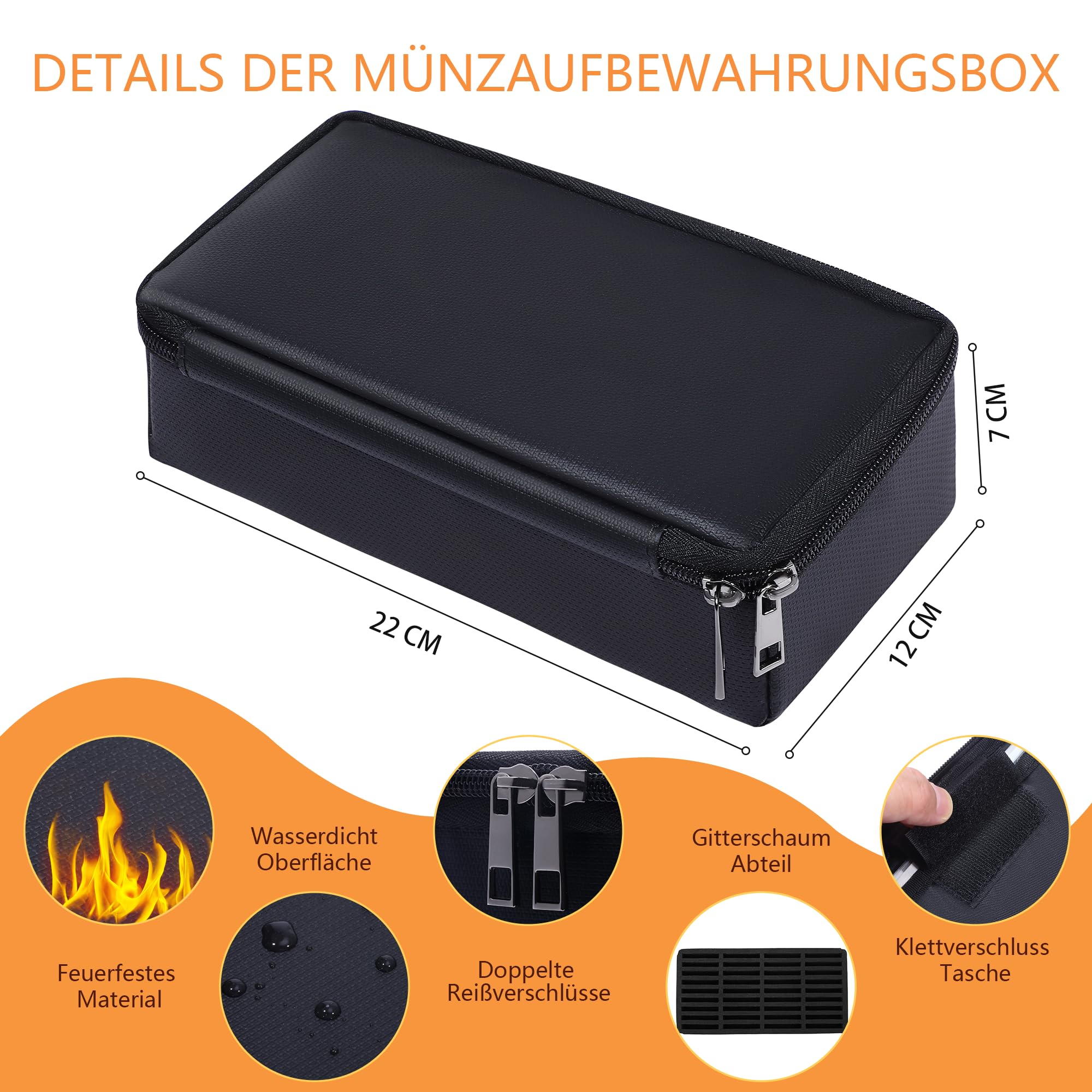 JUNDUN Feuerfest Münzen und Scheine Aufbewahrung Münzbox für Sammler | 36 Stück Münzkapseln mit Schaumstoffdichtung & 100 Stück Banknotenhülle, 5 Größen (40/35/30/25/20mm) Münzkoffer