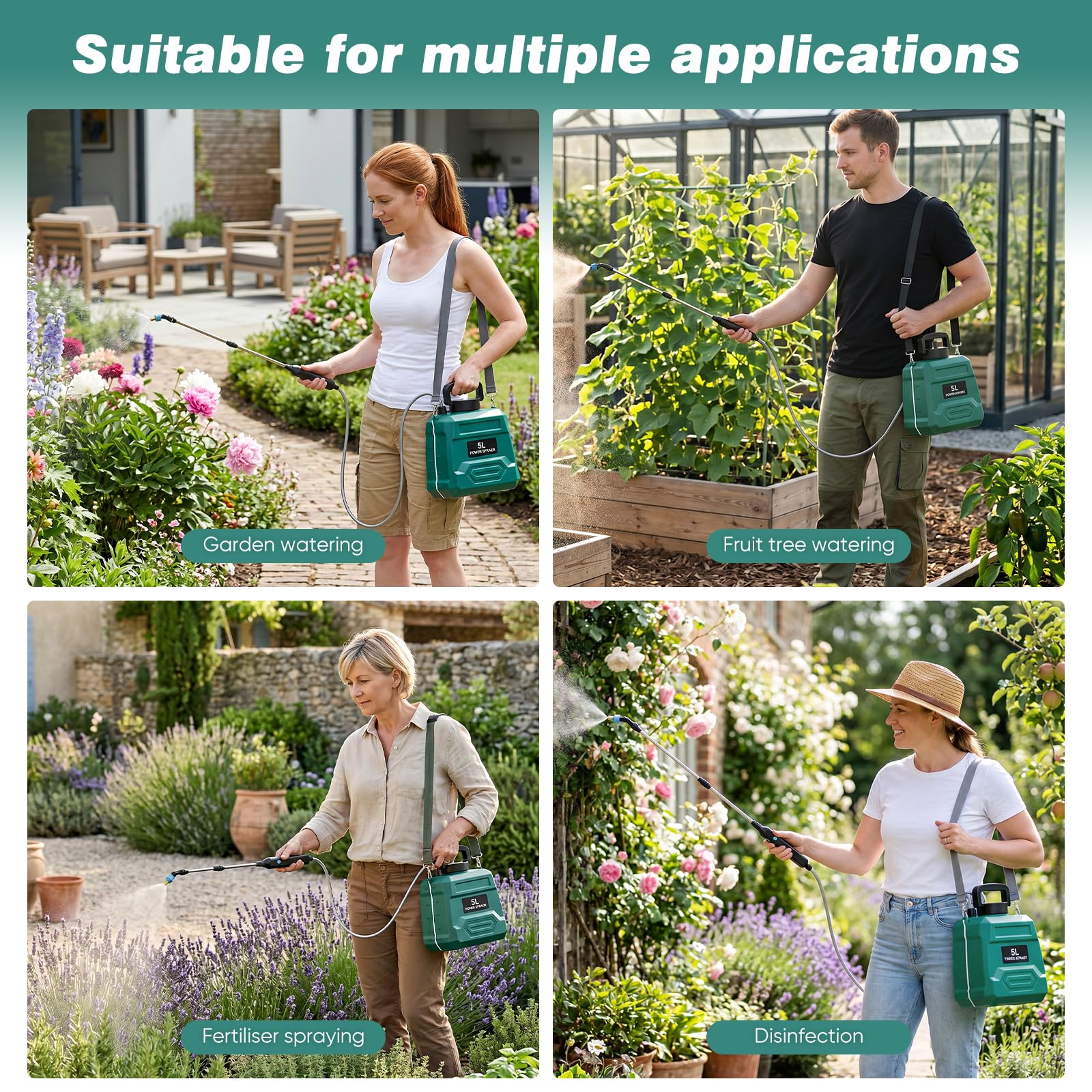 Pulvérisateur électrique 5L 1800mAh Rechargeable Jardin avec Buses Télescopique Vert