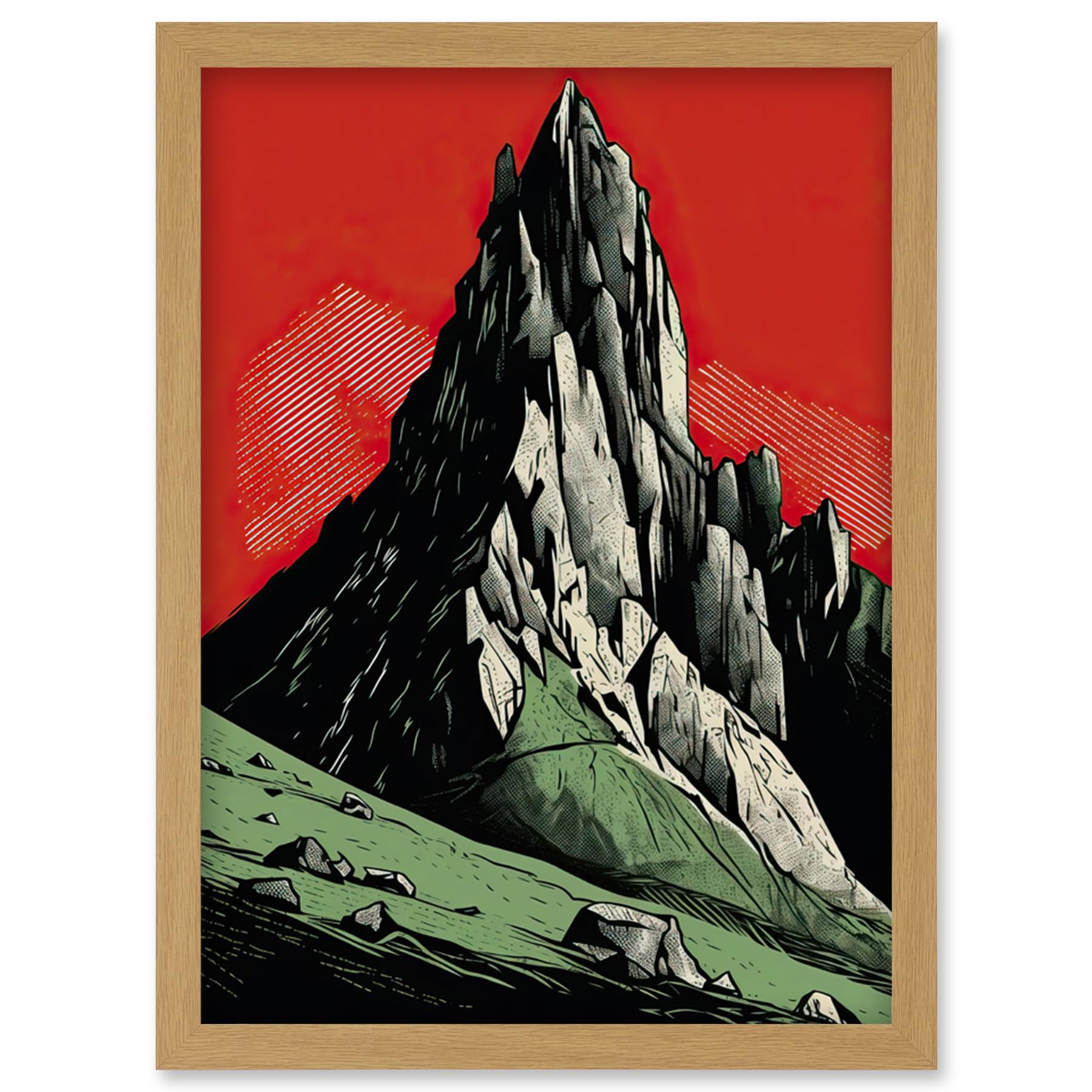 Artery8 Tryfan Mountain Peak Bold Linocut Illustration Artwork Framed Wall Art Print A4