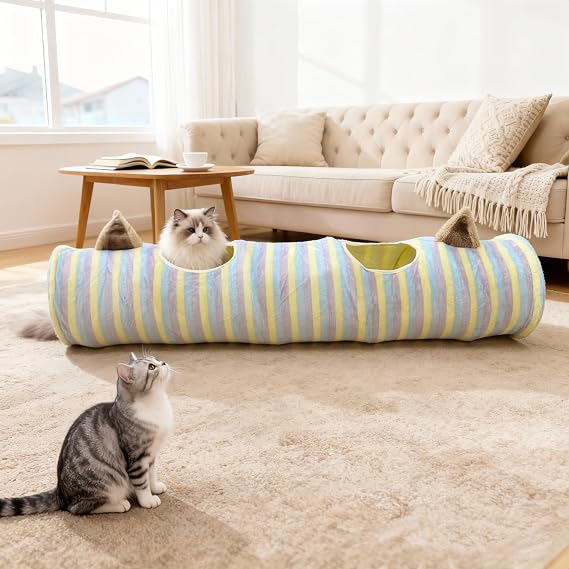 Cat Tunnel for Indoor Cats, Cute Cat Toy Tunnel for Small Large Cats, 45 Straight Cat Tunnel Toys with Balls & Crinkle Paper Ears Collapsible Peekaboo Cave for Kitten, Diameter 9.8 (Colorful Stripe)