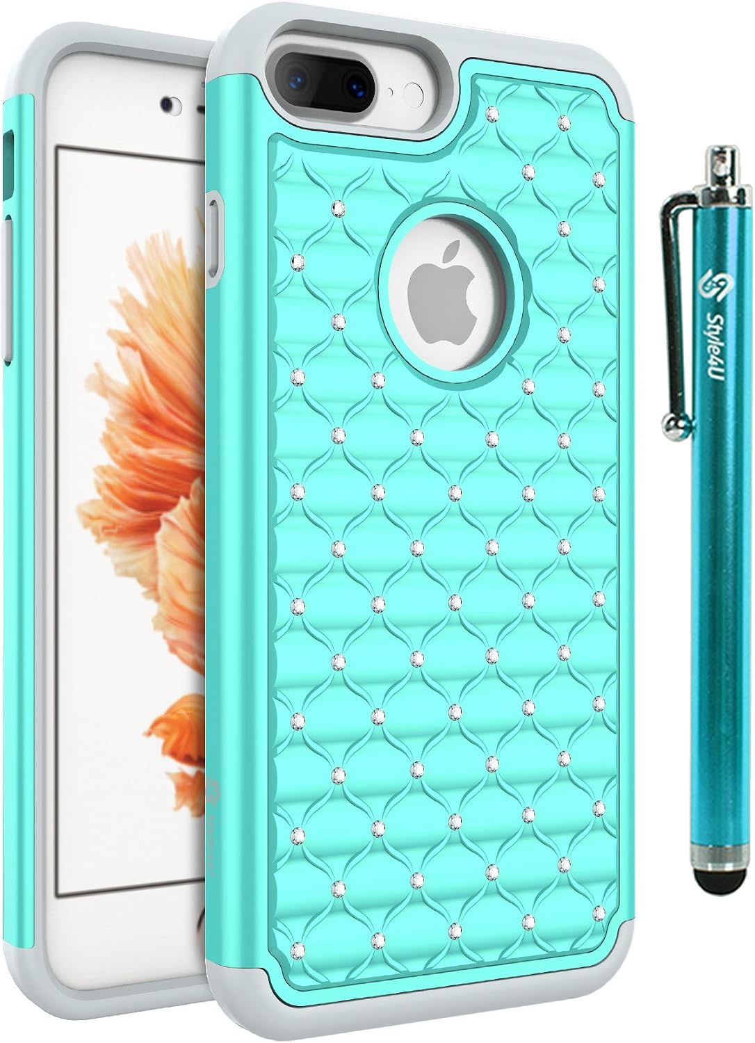 Style4U iPhone 8 Plus/iPhone 7 Plus Case, Shock Resistant Studded Rhinestone Crystal Bling Hybrid Armor Case Cover w/ 1 Stylus [Mint Green/Grey]