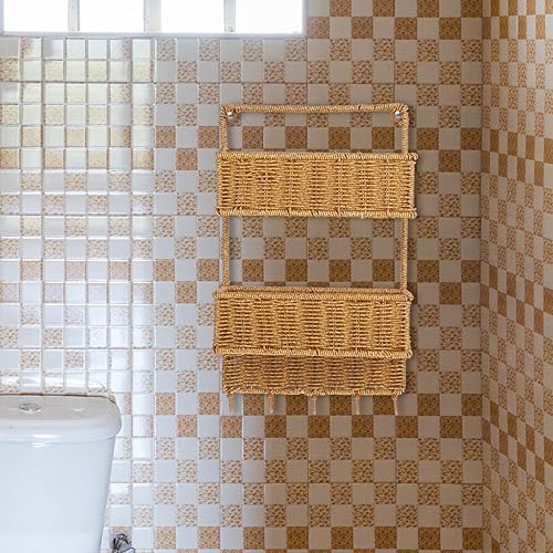 Miniatura 6 de Angoily Cesta clasificadora de almacenamiento tejida de 2 niveles con 5 ganchos, cesta de frutas colgante de ratán para cocina, verduras,