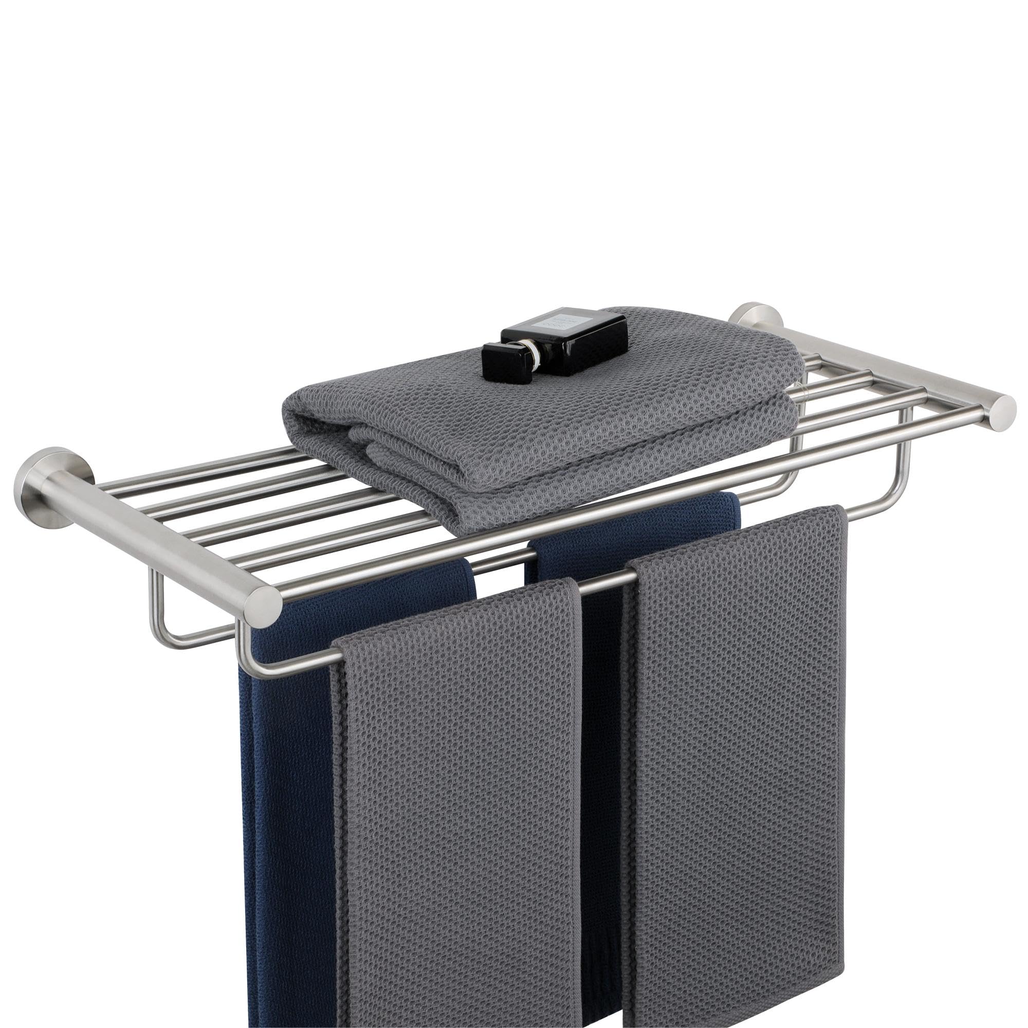 SAYAYO Porte Serviette Mural en Double Barres avec Étagère, Range Support Serviette en Acier Inoxydable pour Salle de Bain Cuisine Toilette, 60CM Brossé, EGKN2308-600-LS (95MM Entre Les Barres)