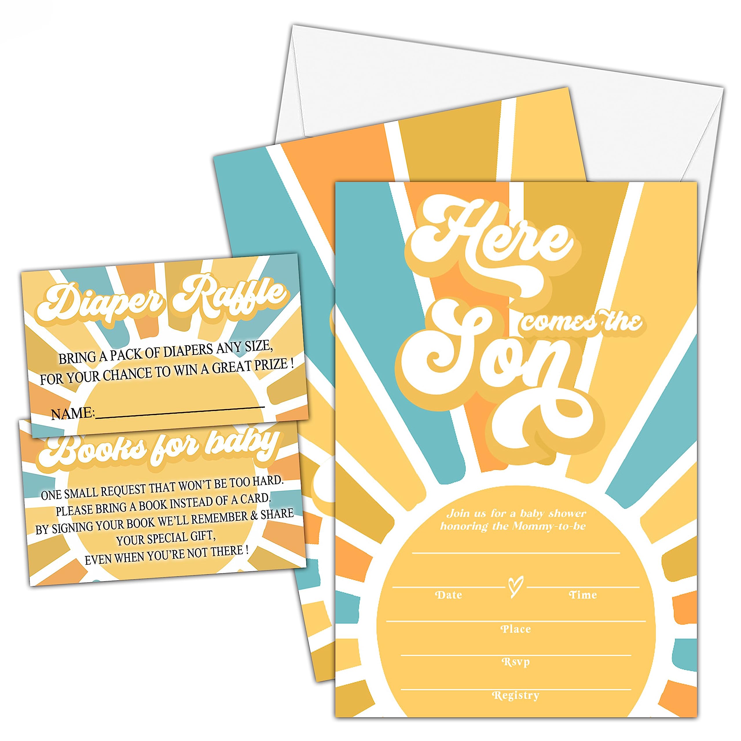 TIOFUNO Set of 25 Baby Shower Invitations, Retro Sunshine Gender Reveal Party Invites with Envelopes, Book Request Cards, Diaper Raffle Tickets for