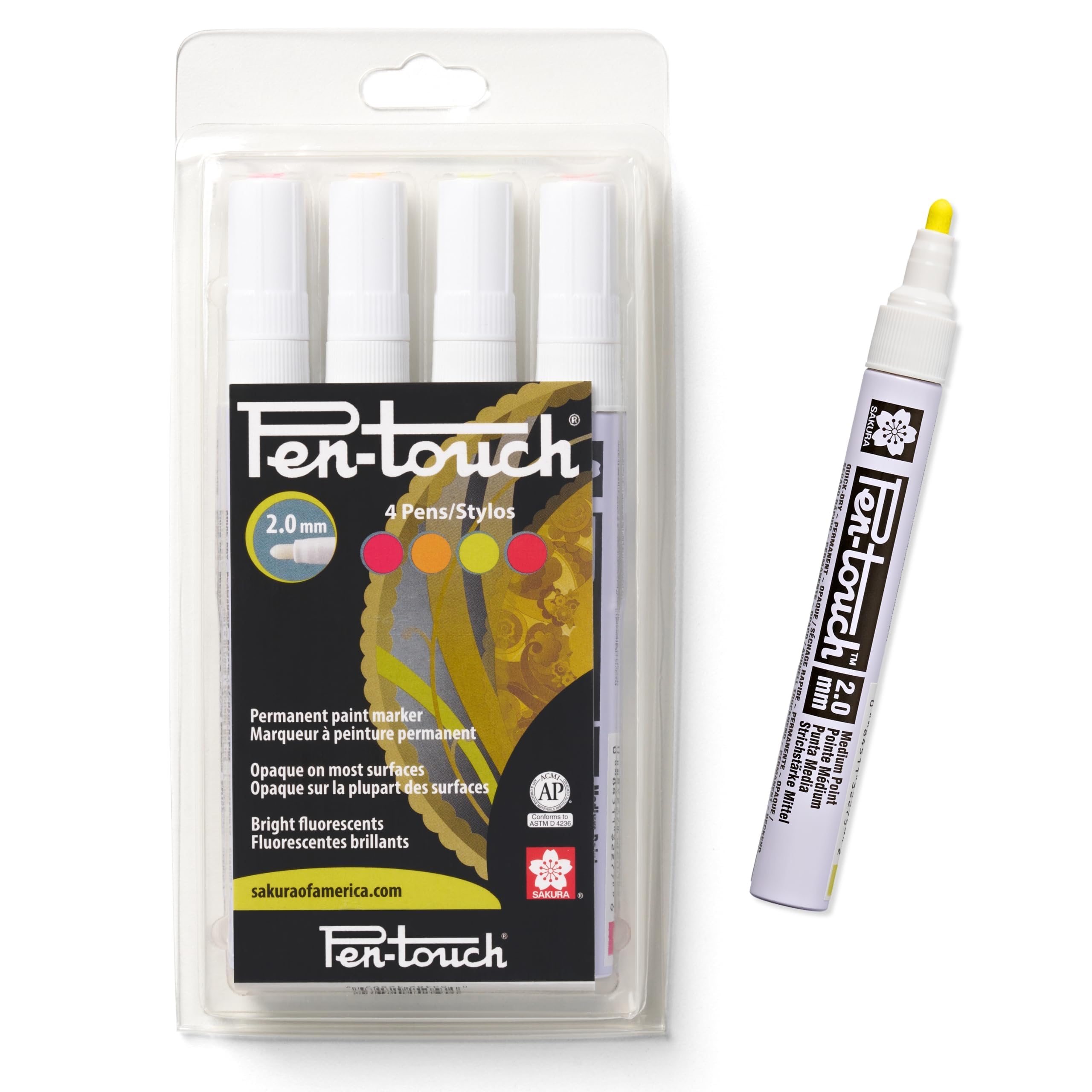 Pen-touch Fluorescent Paint Markers, Medium Tip, 4 PK #42593