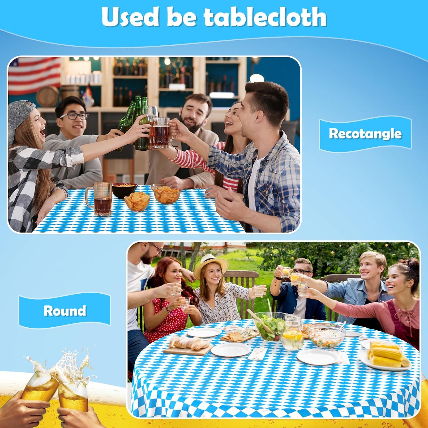 Oktoberfest Plastic Tablecloth Roll 54Inch x 100Ft, Bulk Blue and White Bavarian Flag Check Disposable Table Cover with Slide Cutter Box, Oktoberfest Backdrop Table Cloth Party Supplies Decorations