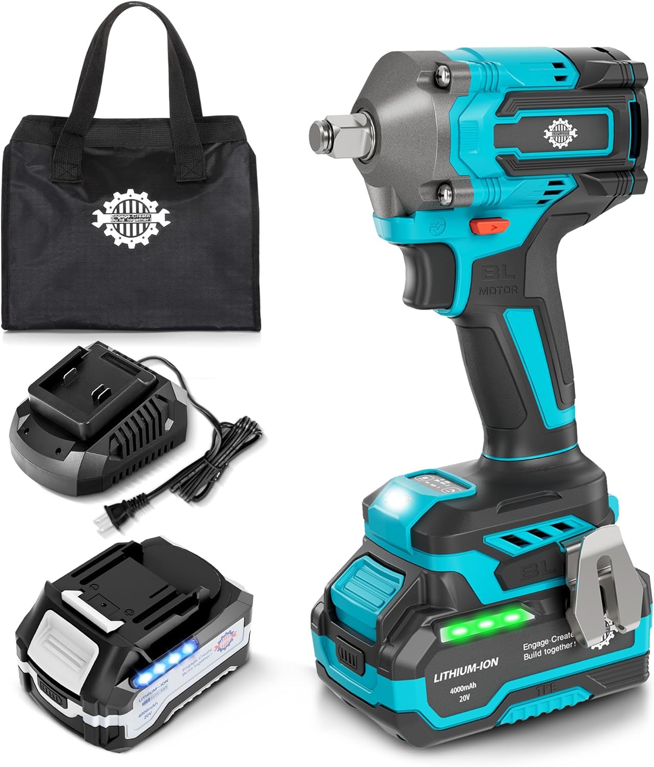 1/2" Cordless Impact Wrench Brushless MAX 465Ft-lbs (630N.m) Impact Gun with 2Pcs 4.0Ah Battery and Fast Charger, 2+1 Speed Mode, 2500RPM Power Electric Impact Wrench with LED Light for Car