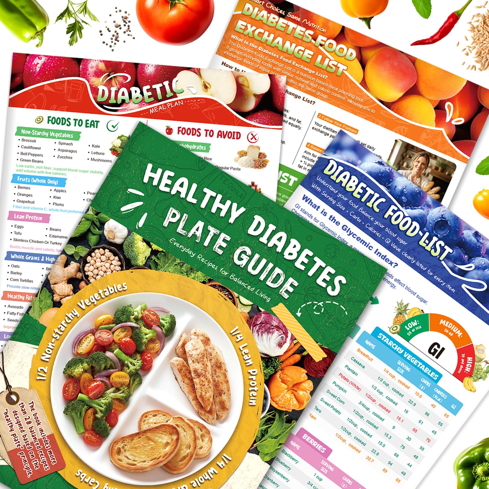 4 Count Diabetes Food List and Meal Planner Laminated, Diabetic Food List Chart for Type 1 2 Diabetes, Food Exchange Chart, Glycemic Index and Healthy Diabetic Diet Meal Guide Plan Recipes Cookbook For Beginners Pre-Diabetes