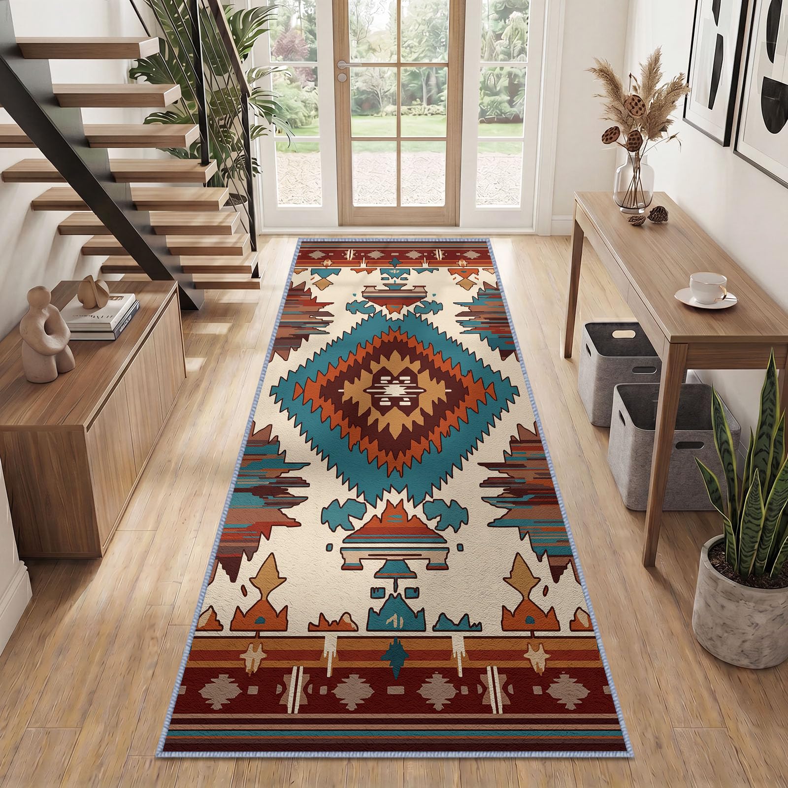 60 x 120 cm Tapis de Couloir Long Lavable Beige, Motifs Ethniques Ruraux Et Géométriques 3D Impression Long Antidérapant Tapis De Passage pour entrée, Chambre à Coucher, buanderie, Salon