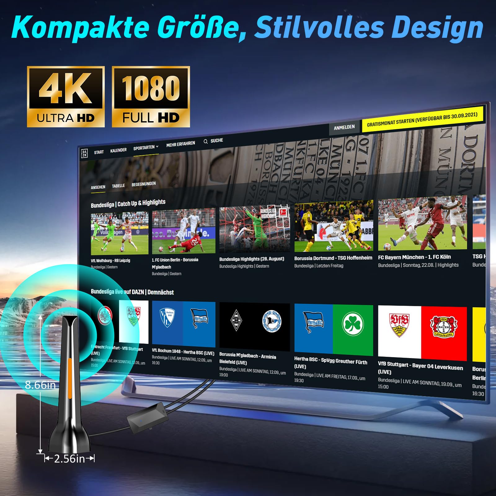 DVBT2 Antenne, zimmerantenne DVB-T & DVB-T2 Antennen mit Verstärker, Großer Reichweite und 360° Empfang, Zimmerantenne für Fernseher mit Starkem Magnetfuß, Geeignet für 4K 1080p - 3M Kabel