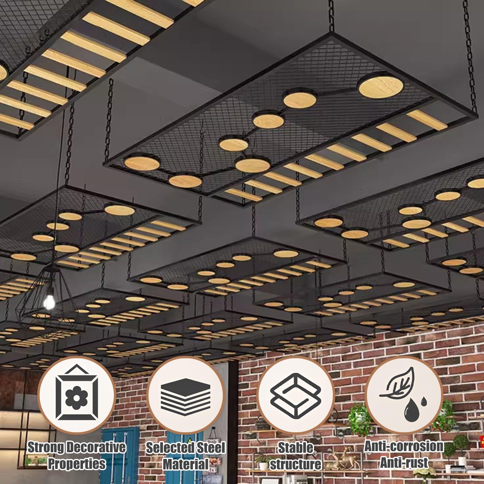 Dekoracyjne płytki sufitowe, metalowe panele i stojak ekspozycyjny z żelaznym łańcuchem do użytku wewnątrz, 200 x 100 cm, łatwy montaż i wszechstronny design