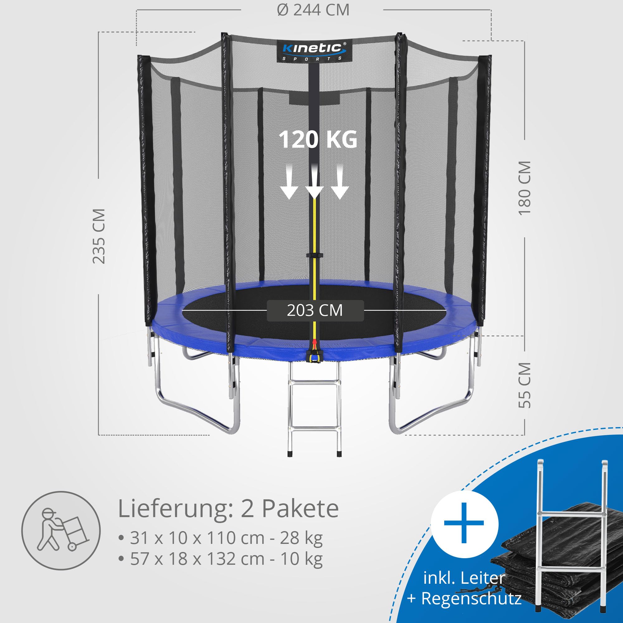 KINETIC SPORTS Trampolin Outdoor 'Salto Plus' Ø 183/244/305/366/400/430/490 cm - Komplett-Set für Kinder, USA Sprungtuch, Netz, Randpolster, Leiter