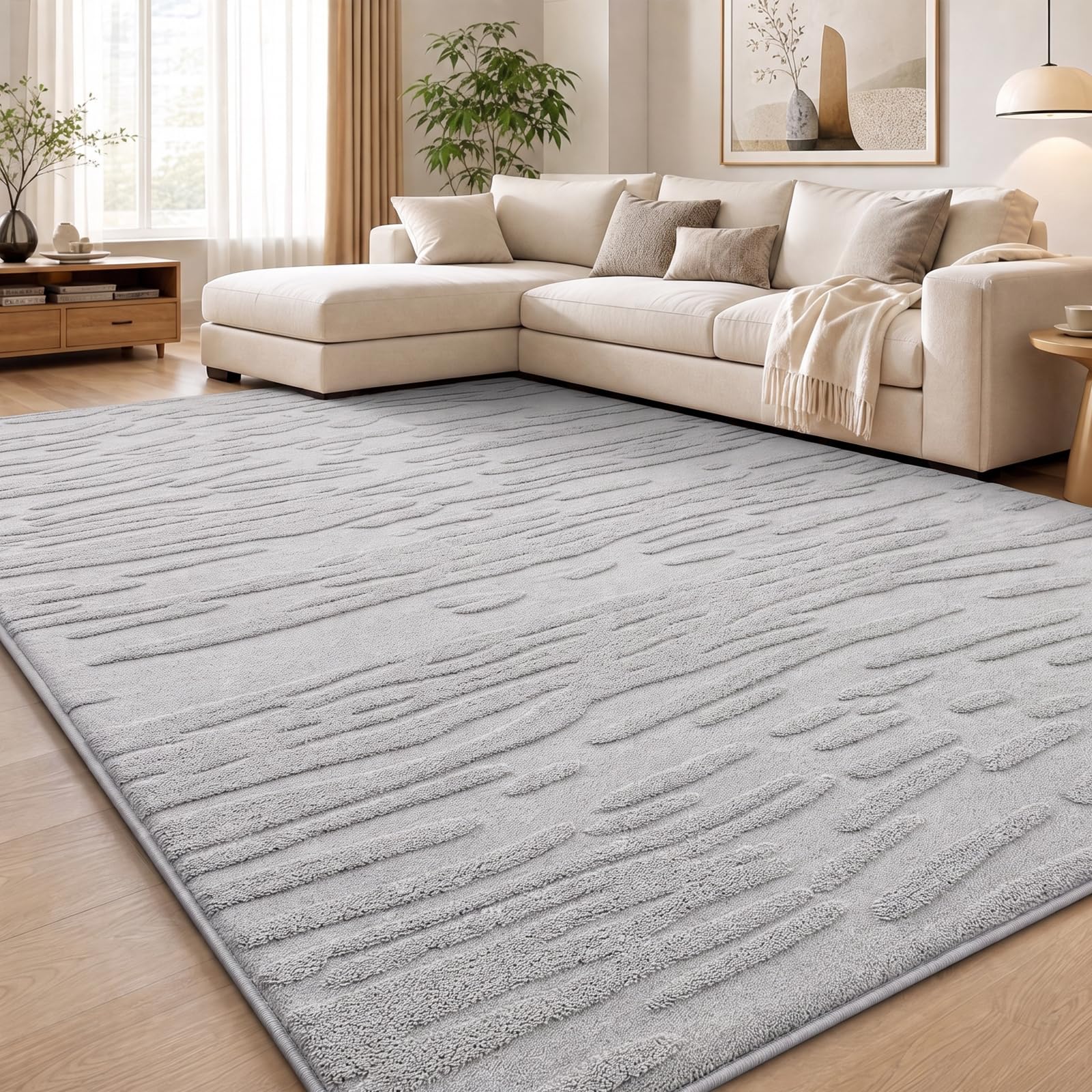 smiry Kurzflor Teppich Wohnzimmer, 160x220cm, Hellgrau | Moderner Waschbar Anti-Rutsch Teppich für Schlafzimmer, Esszimmer, Büro