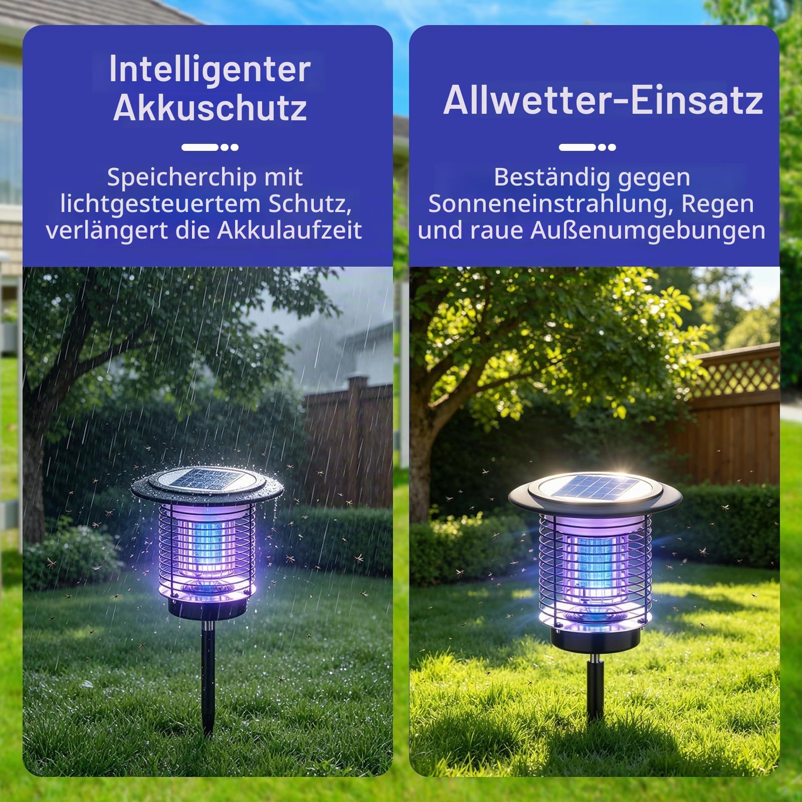 Solar Mückenlampe 2-in-1 – 3500V Hochspannung, 4400mAh Akku, 150㎡ Abdeckung – IPX5 Wassergeschützt & UV-Licht – Effektiver Insektenvernichter mit Gartenbeleuchtung – Für Terrasse, Garten, Camping