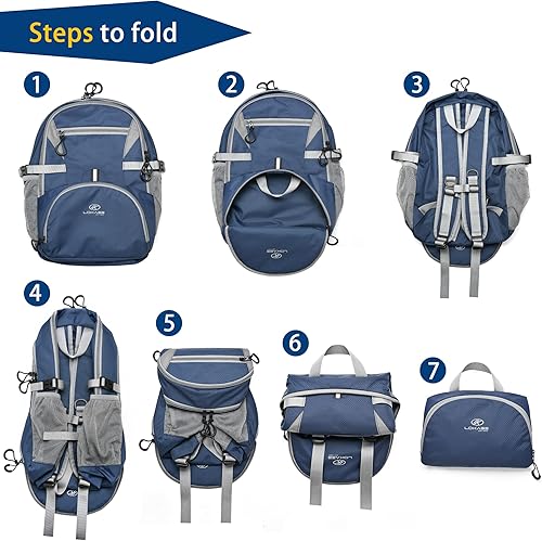 Miniatura 6 de Mochila de viaje ligera y plegable para mujeres y hombres, mochila de senderismo de 35L, regalos para excursionistas, Azul profundo, Plegable