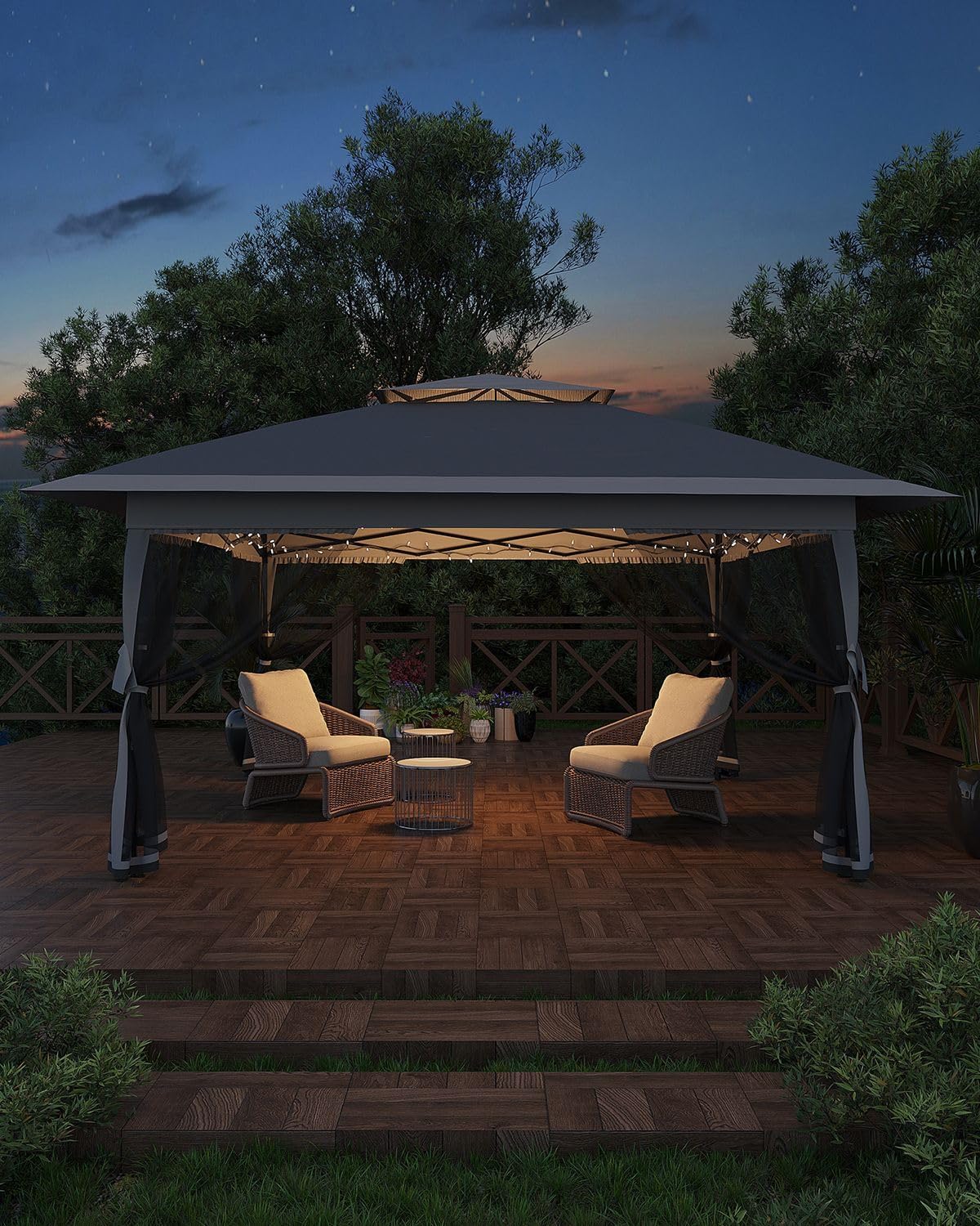 Faltpavillon 4x4 m Pop-Up mit One-Push Zentralschloss – Moskitonetz, 3-Fach Höhenverstellbar, CPAI-84 Zertifiziert, Wasserdicht, UV-Schutz 99%, Inkl. 4 Sandbags & Tragetasche