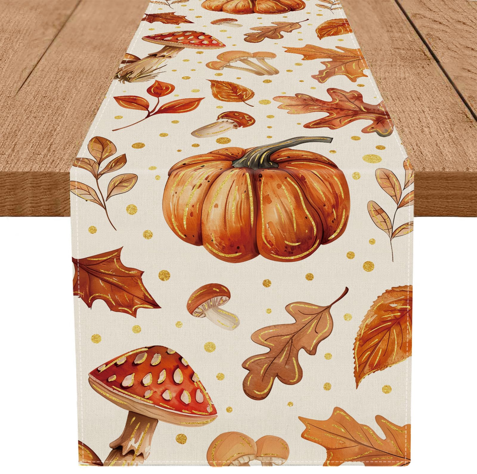 GAGEC Fall Table Runner Pumpkin Mushroom Leaves Golden Dots Table Runner Autumn Farmhouse Party Kitchen Dining Table Decorations 13x72 Inch