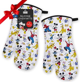 Disney Silicone Oven Mitts Heat Resistant – Set of 2 Long Cuff Cotton Kitchen Mitts with Silicone Grip Stripes, Cute Oven Mitts & Pot Holders for Cooking, Baking & Kitchen Essentials –Mickey & Friends