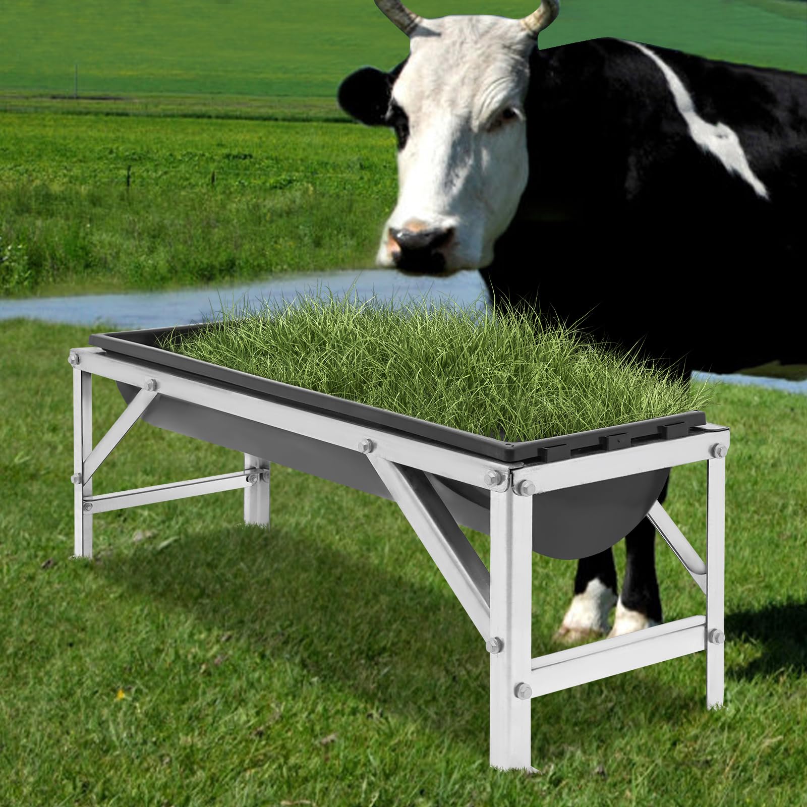 Comedero de 35 l de acero galvanizado y polipropileno para animales de pastoreo, 103 x 33 x 36,5 cm | Comedero para heno con soportes triangulares, comedero con bandeja extraíble para ovejas, cabras, caballos y ganado