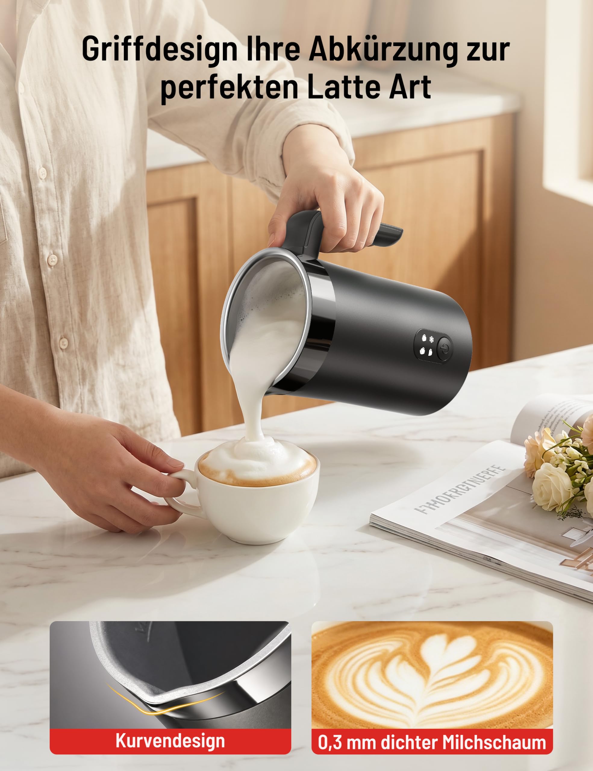 PARIS RHÔNE Milchaufschäumer Elektrisch 400ml, 4-in-1 Milchschäumer Kalt- & Heißschaum für Latte, Cappuccino & Macchiato, Edelstahl, Silent-Motor, Auto-Abschaltung