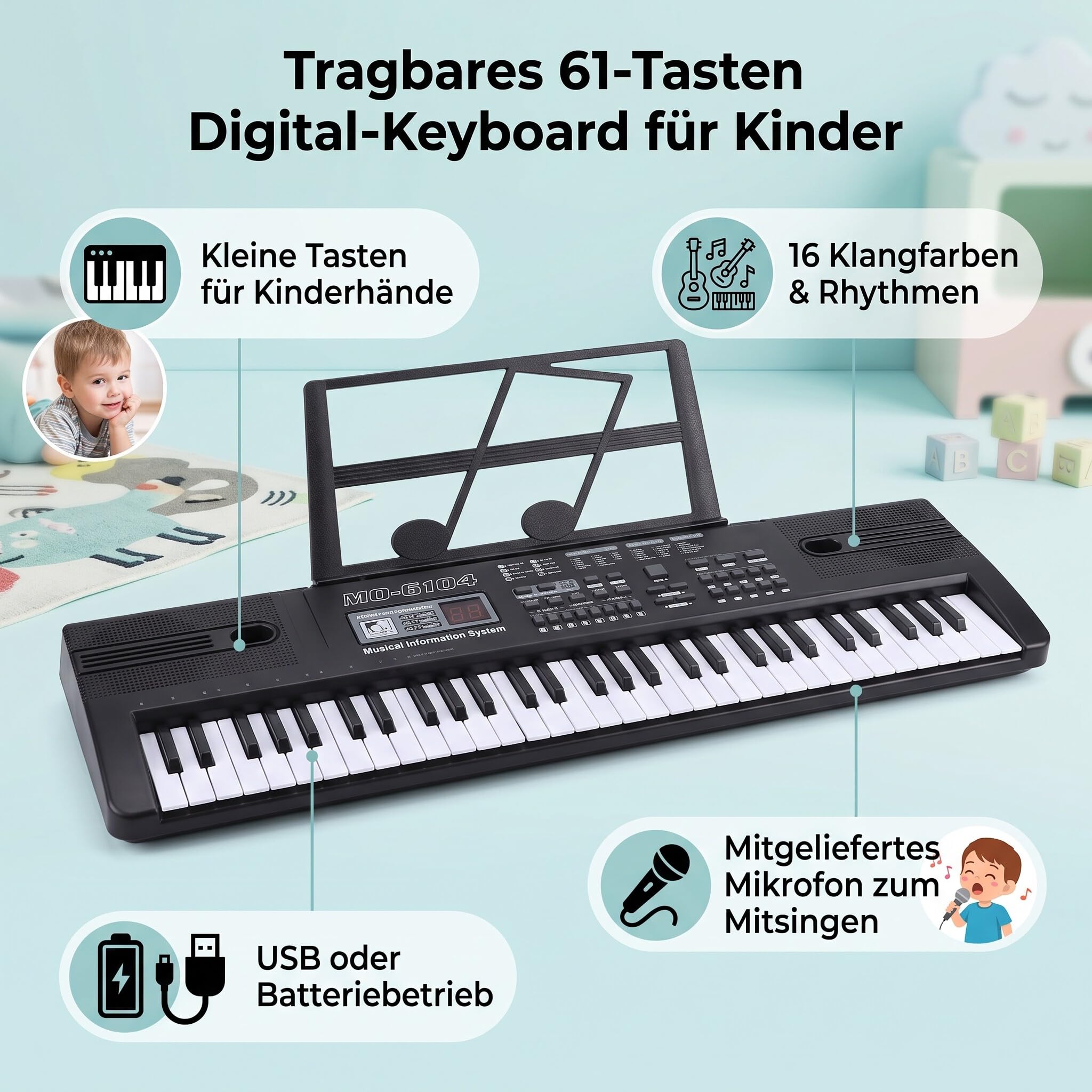 Clavier Piano 61 touches, Clavier Électronique Musique Clavier Portable Keyboard Piano pour Enfants Débutant avec Support & Microphone, Garçons et Filles