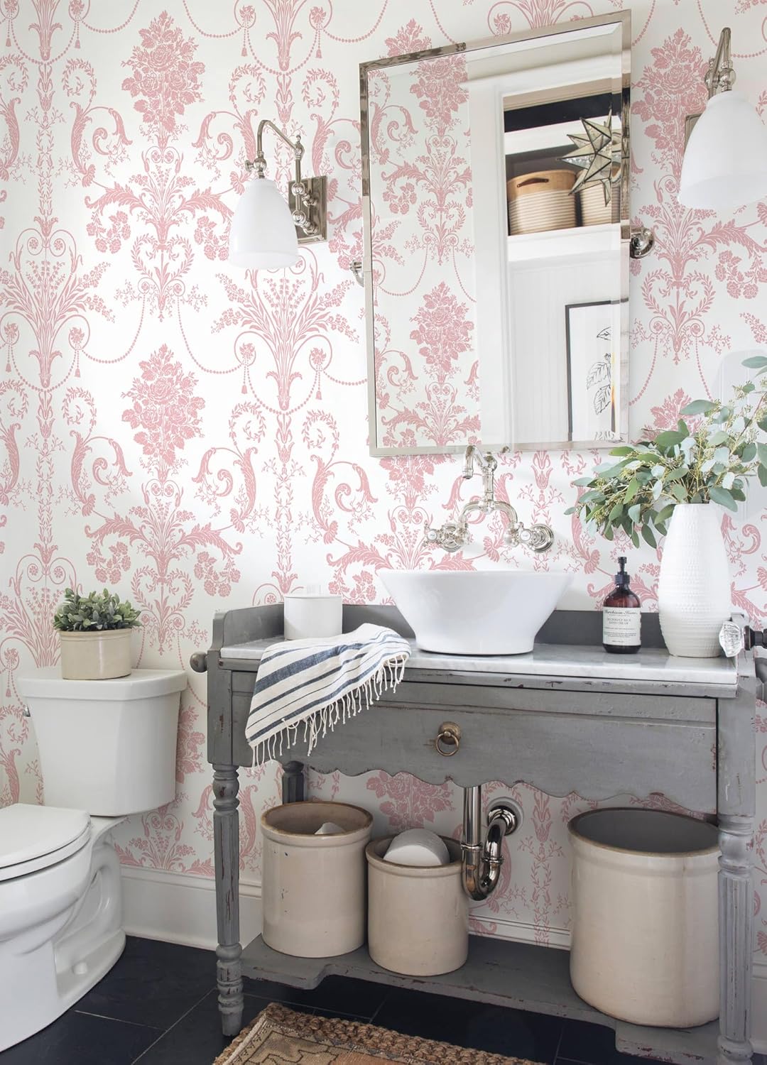 EchoSphere 17.3" X 118" Damask Floral Peel and Stick Wallpaper Boho Pink and White Contact Paper Damascus Decorative Wallpaper DIY Removable Self Adhesive Wall Paper for Bedroom Cabinets Covering