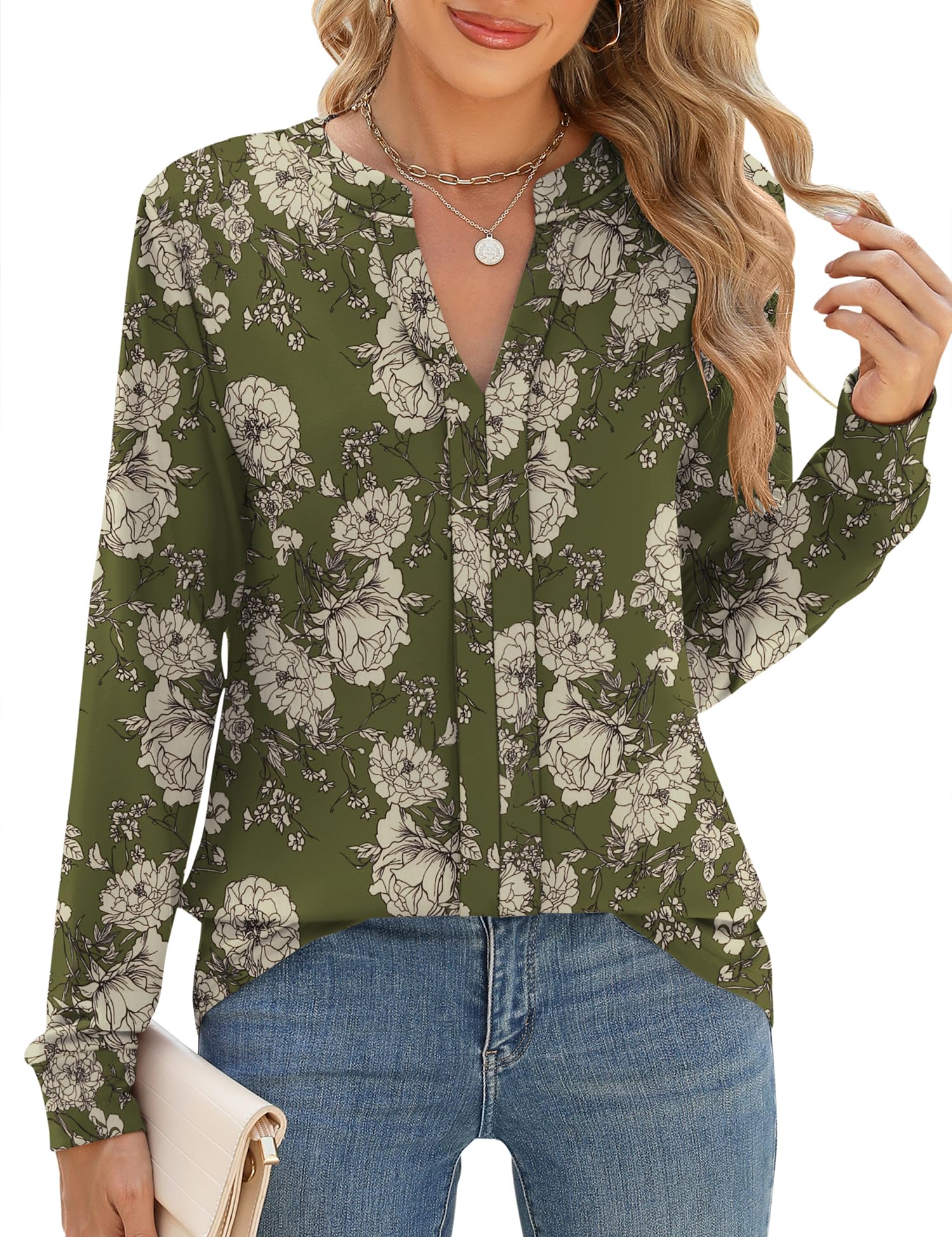 IECCP Bluse Damen Blusen V-Ausschnitt Basic Langarmshirt Casual Business Outfit Herbst Oberteil Elegant Kleidung Armeegrün S