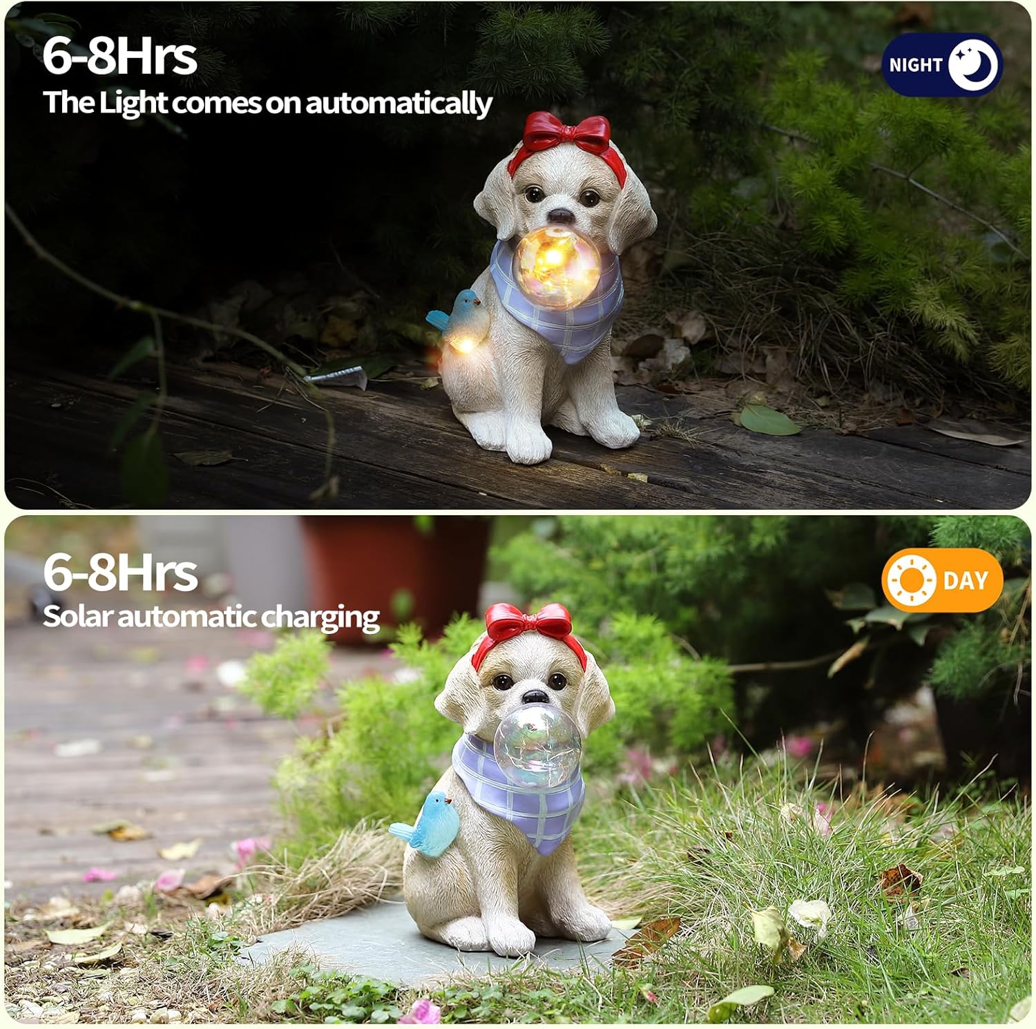 9.4" Solar Dog Garden Statue with Bubble Light, Cute Sitting Puppy Resin Outdoor Decor with Bird Light, Waterproof Solar Powered Animal Statue for Yard, Lawn, Garden