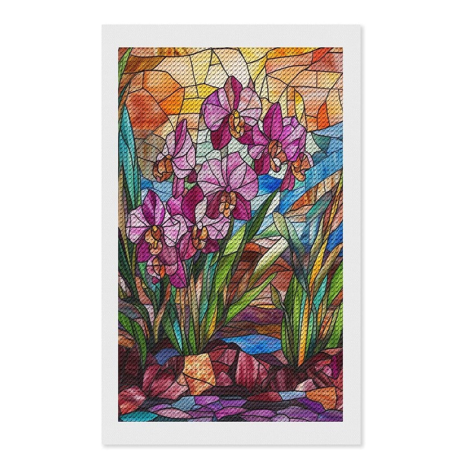 Junmoney Stained Glass Orchid Diamond Painting Kit 12"x20", Easy Handmade Project, Easy to Enjoy, Aesthetic Room Decor, Christmas Gift