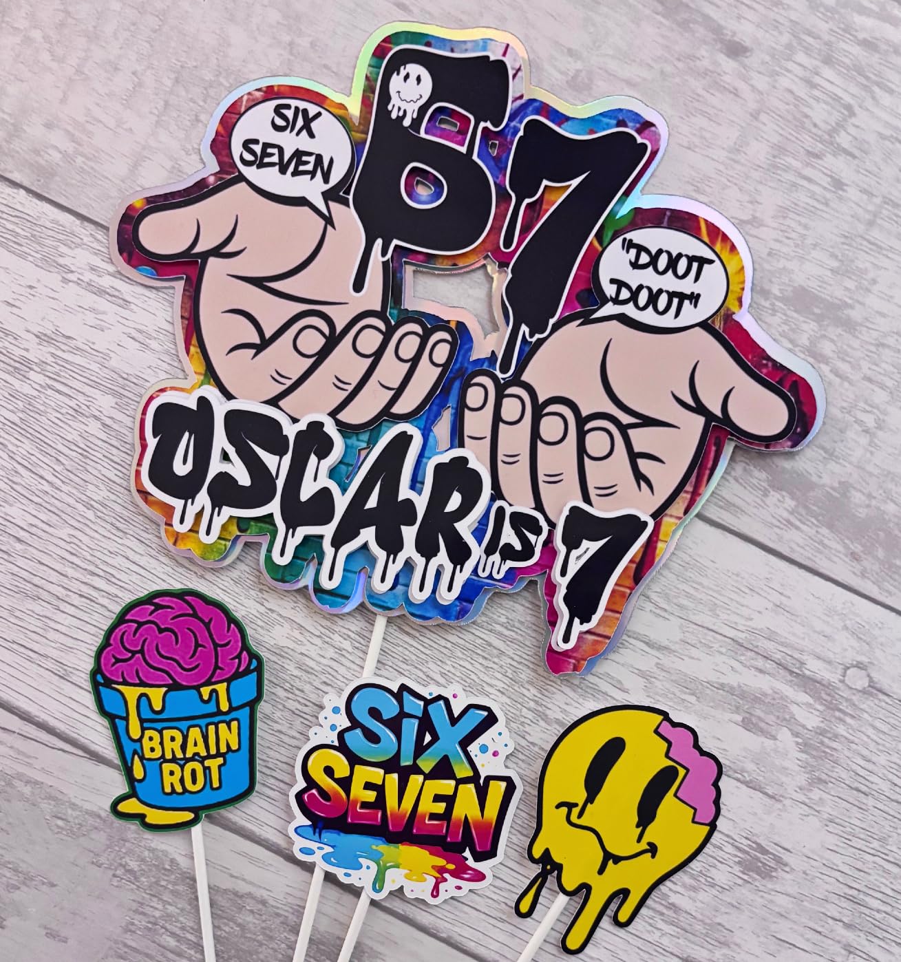 Six Seven Viral Meme Cake topper. Trendy Brain rot Theme.