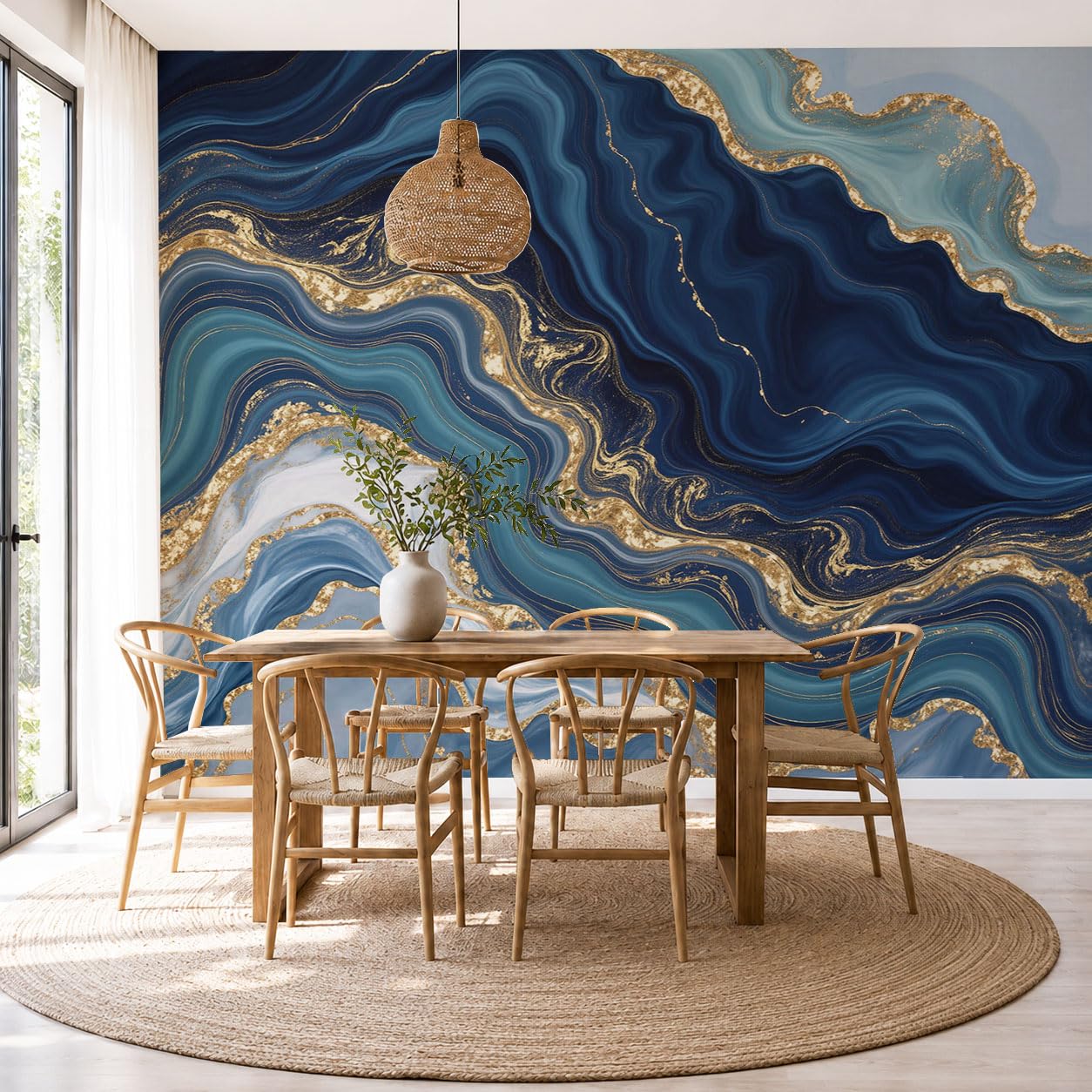 Papier peint vagues abstraites bleu marine et feuille d'or, fresque murale lavable 200x140 cm