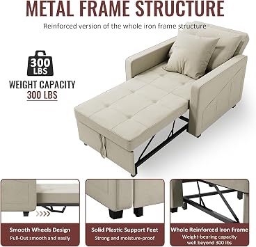 ELEGANT 3-in-1 Single Sofa Bed, Convertible Fabric Chair Bed, Adjustable Backrest, Chair Sleeper Recliner with Side Pockets and Pillow, Pull Out Sofa Bed for Living Room/Office/Apartment, Cream White