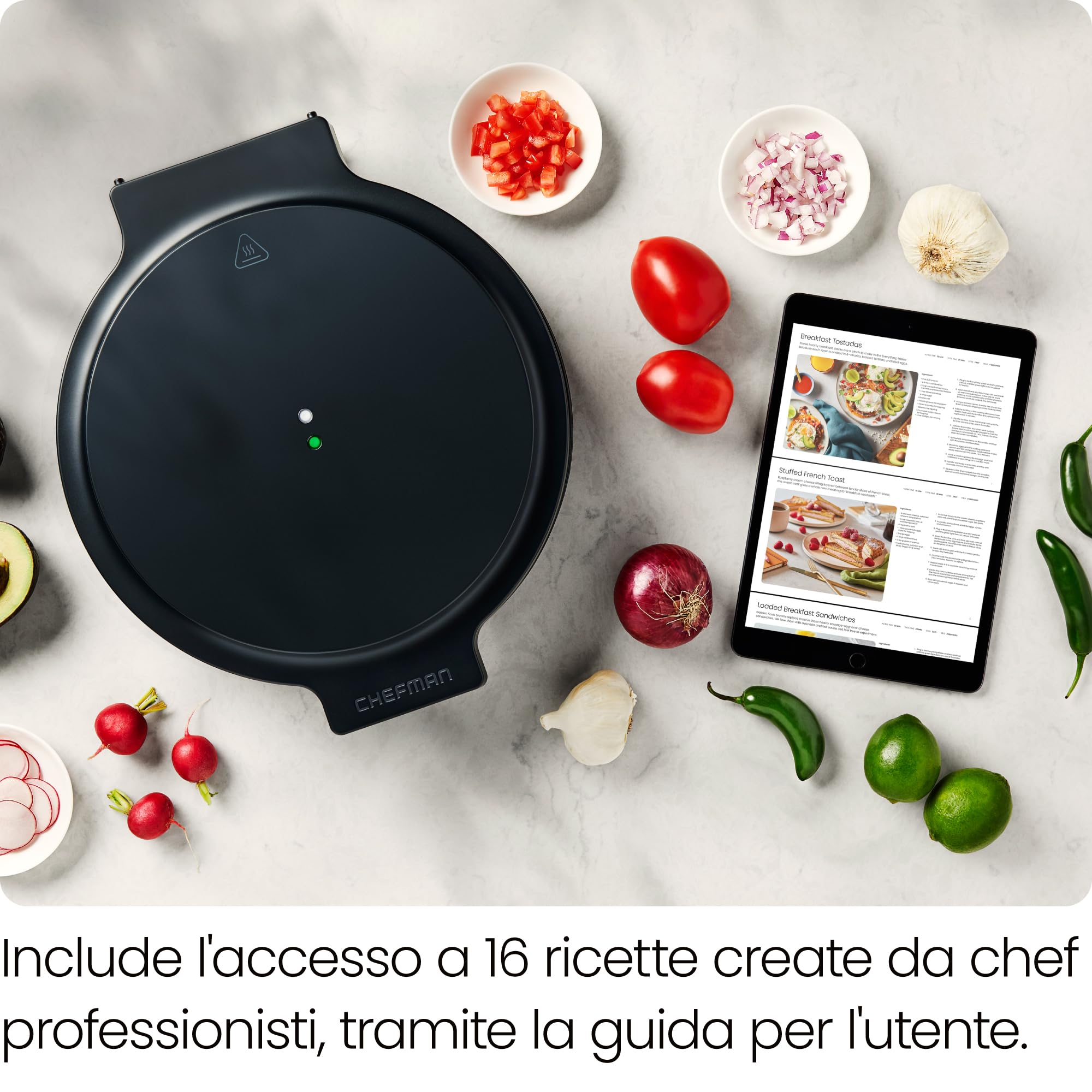 Chefman Everything Maker, Forno Pizza 30cm con Piatti Antiaderenti | elettrico, da bancone, per quesadillas e frittate, luci indicatori, deposito verticale
