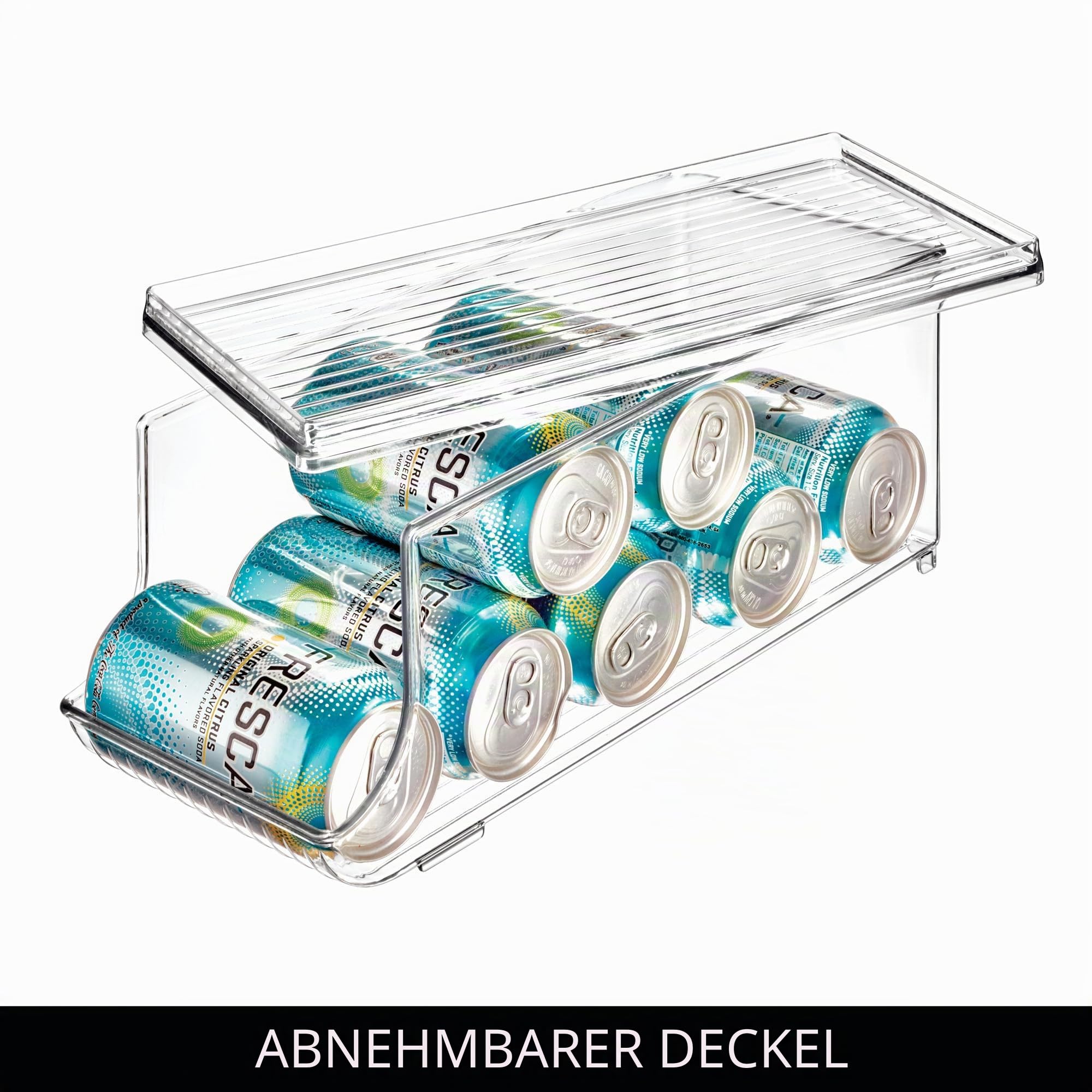 iDesign Aufbewahrungsbehälter mit Deckel, kleine Kühlschrankbox aus Kunststoff für neun Getränkedosen, Küchen Organizer für Konserven, durchsichtig | Transparent, für Speisekammer oder Kühlschrank, hergestellt in den USA