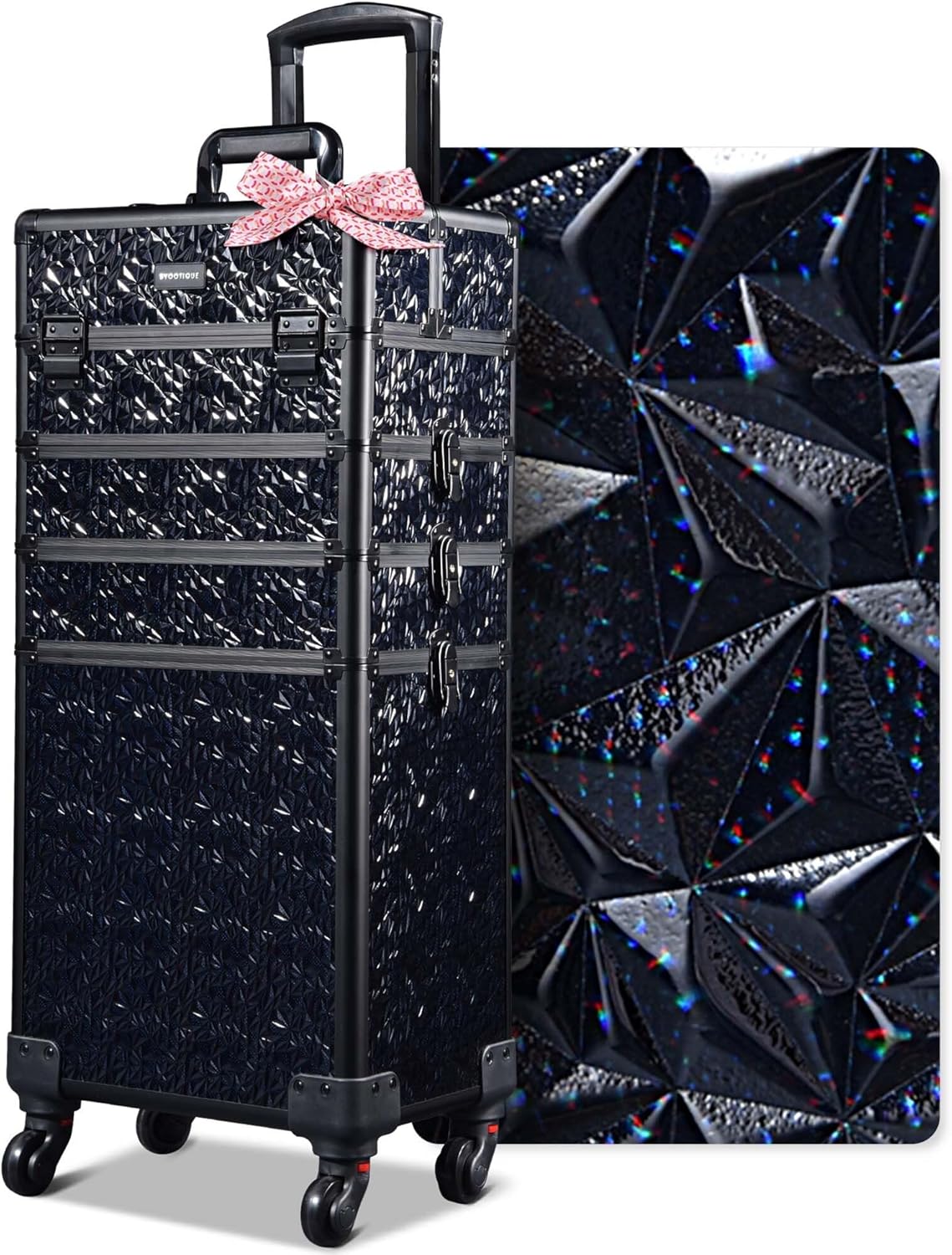 BYOOTIQUE 4in1 Rolling Makeup Train Case on Wheels Large Cosmetic Travel Organizer Eyelash Storage Box for Nail Tech Beauty Salon Manicurist Barbershop,Mermaid Black