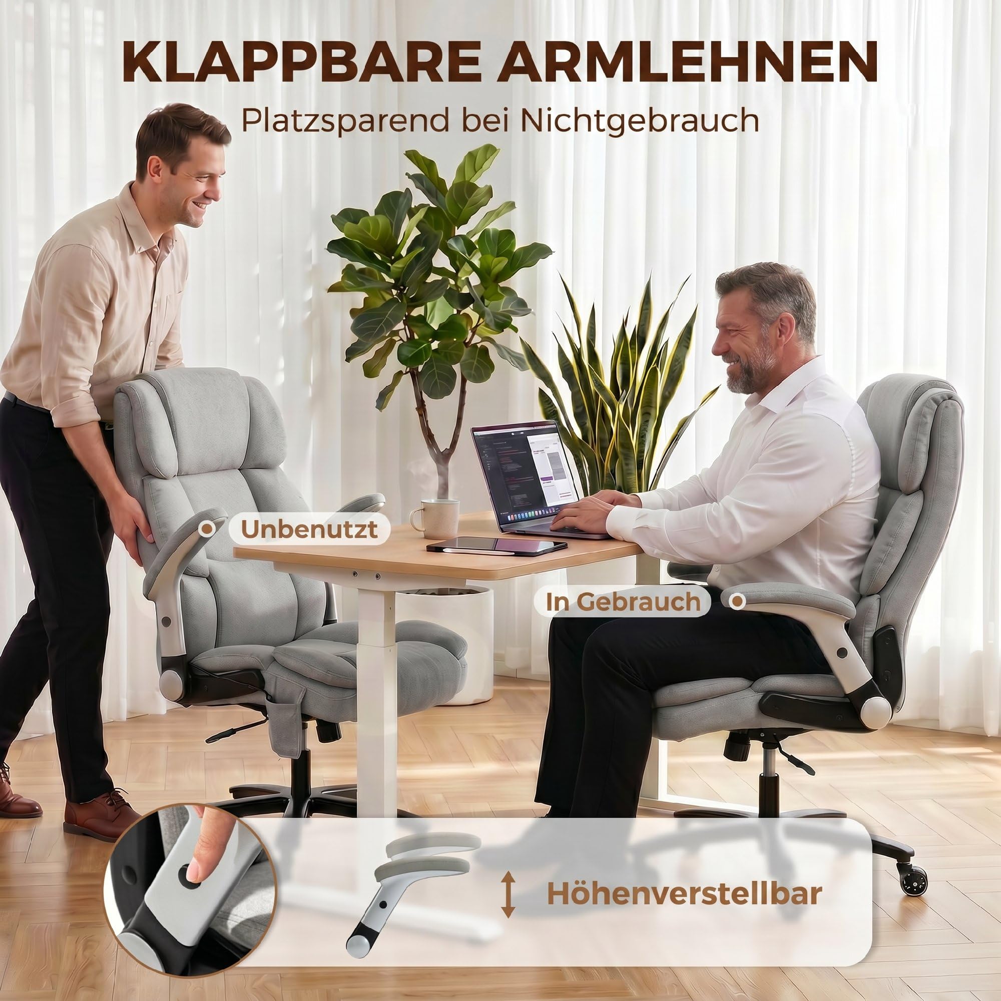 HOMCOM Bürostuhl Ergonomischer Chefsessel Wippfunktion 180 kg Hellgrau | Hochklappbare Armlehnen, Breiter XXL Sitz, Höhenverstellbarer Schreibtischstuhl, Airbag-Lendenstütze, Drehstuhl