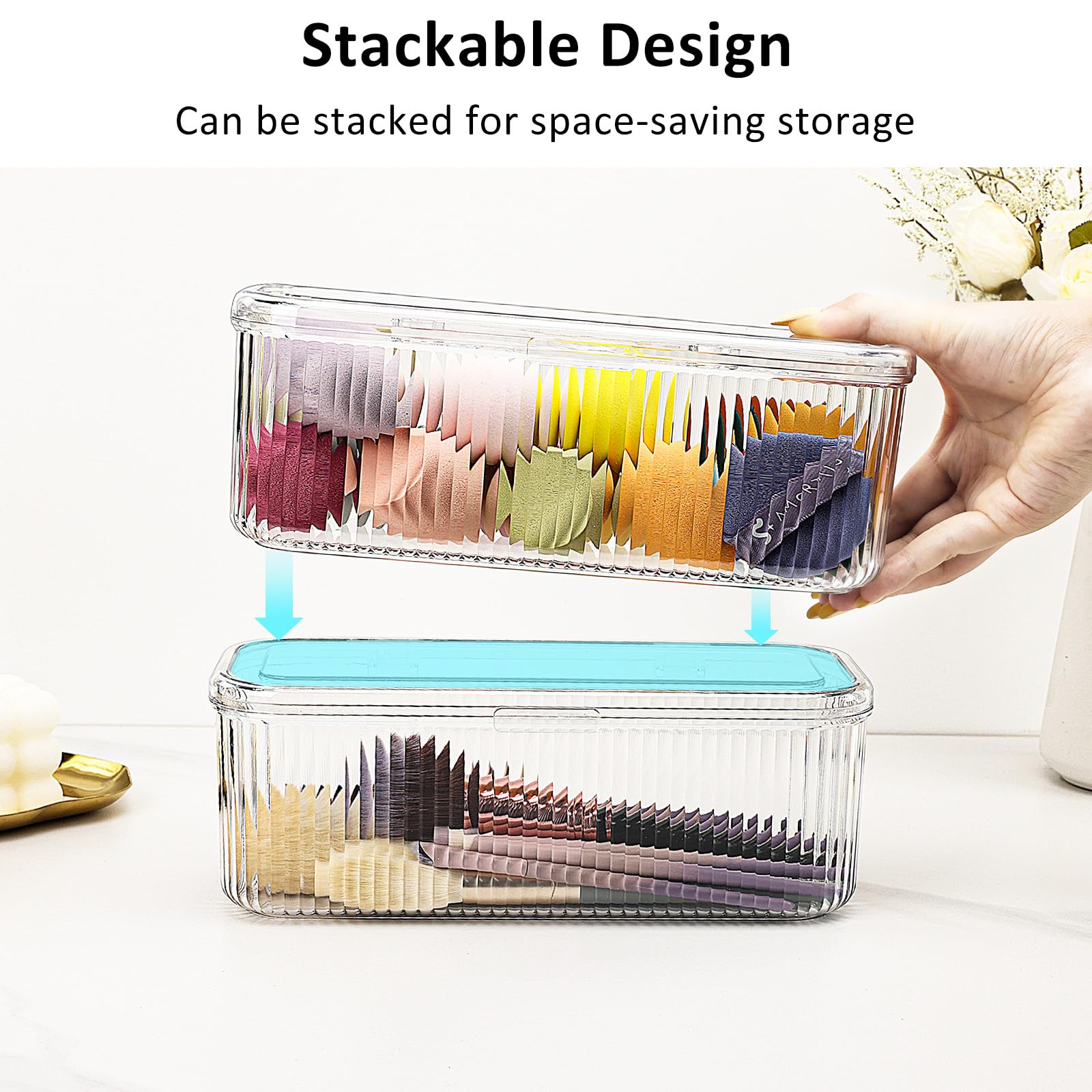 JessLab Makeup Brush Holder Organizer, Clear Makeup Sponges Organizer, Cosmetic Storage Case with Lid Display Case for Vanity (1 Pack) - Image 3