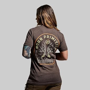 Born Primitive Unisex Outdoor Mule Deer Badge Tee - Lightweight Cotton-Poly Blend Athletic Fit Casual Short Sleeve T-Shirt