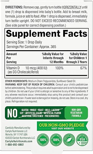 Miniatura 2 de Carlyle Lil' Sprouts - Gotas líquidas de vitamina D3 para bebés, 400 UI, suministro para 1 año de 0.31 oz (365 porciones) | Vegetariano, sin OMG y