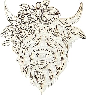 Highland Cow with Flowers Wooden Cutout | Unfinished Farm Animal Silhouette for DIY Crafts | Paintable Rustic Wood Shape for Wreaths Signs Wall Art