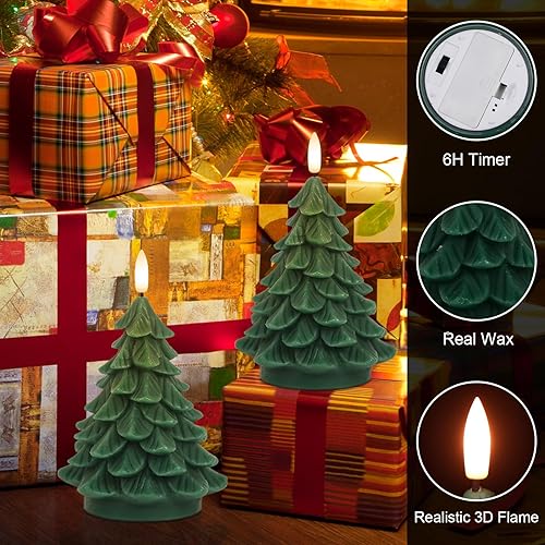 Miniatura 6 de Velas de árbol de Navidad sin llama, paquete de 2 velas en forma de árbol de Navidad que funcionan con pilas con temporizador de 6 horas,
