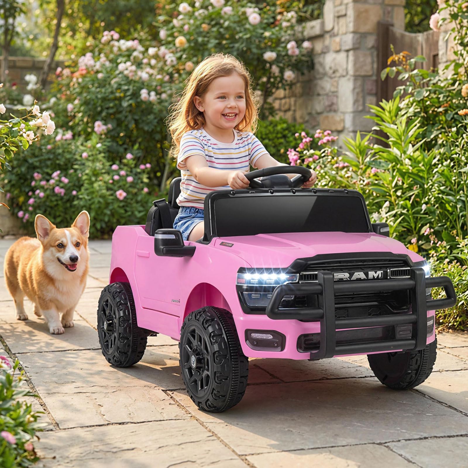 FANTASK Auto elettrica per bambini, 12 V, con telecomando e luce (rosa)
