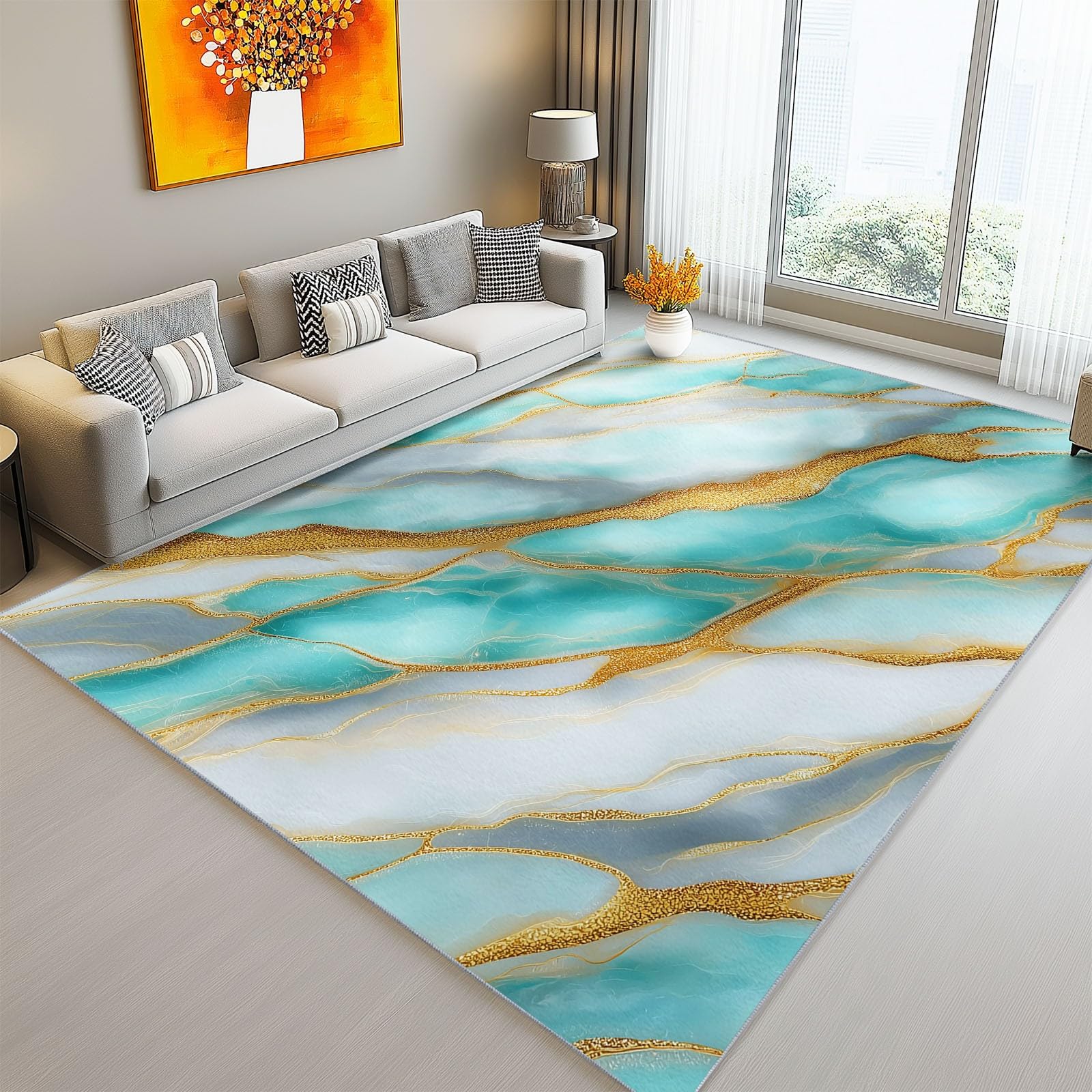 Tapis doux à poils ras motif marbre exquis vert et blanc pour décoration intérieure