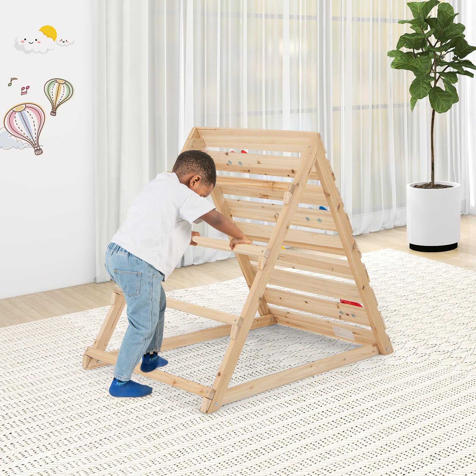 COSTWAY Triángulo Escalada para Niños, Escalador Triangular de Doble Cara con Coloridas Rocas y Escaleras para Escalar, Triángulo de Aprendizaje Montessori para Niños de 3-8 Años, Natural