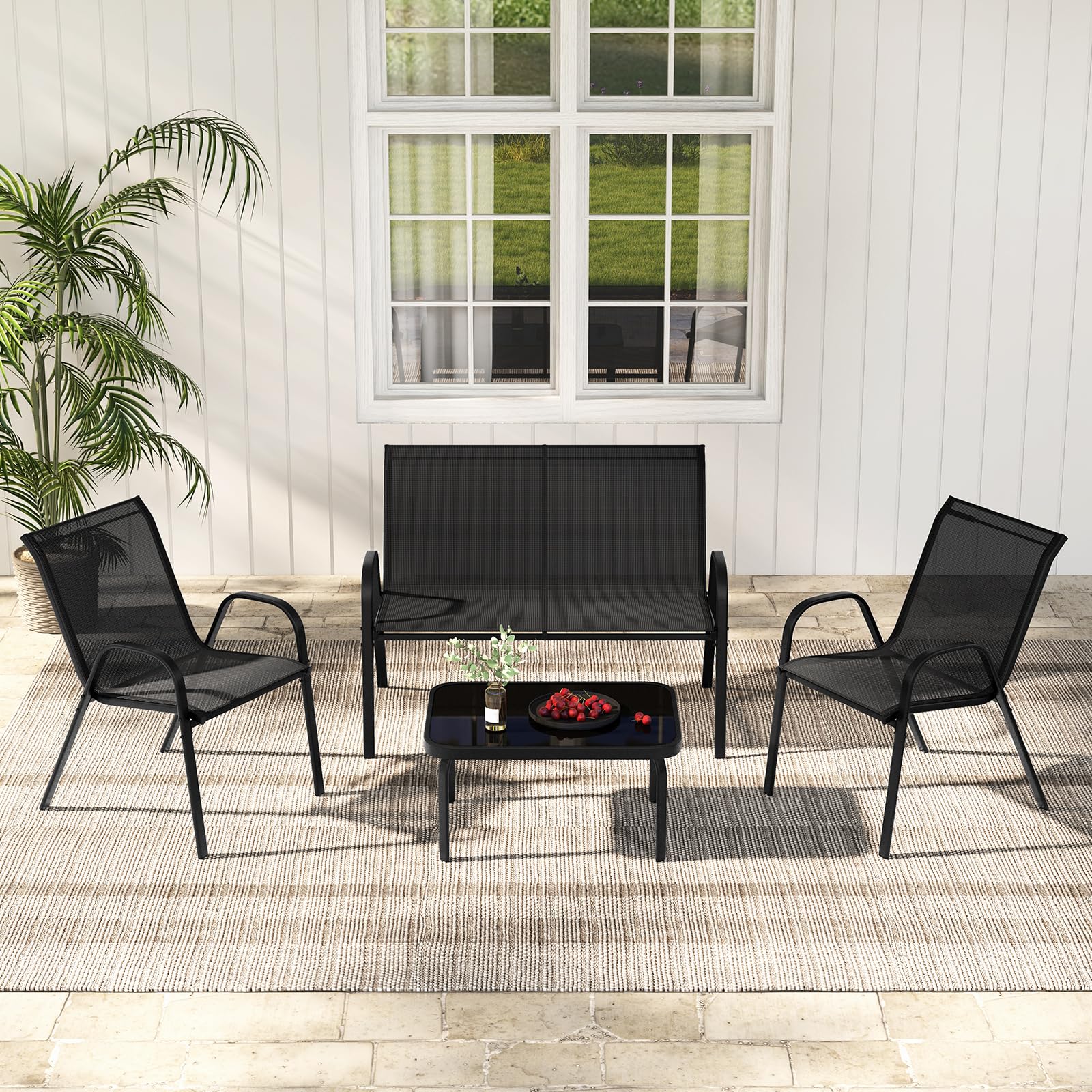 COSTWAY Set Tavolo e Poltrona da Giardino, Set di Mobili 4 Pezzi per Esterno, con Tavolino in Vetro Temperato, Panca e 2 Poltrone, per Giardino Balcone Piscina (Nero)