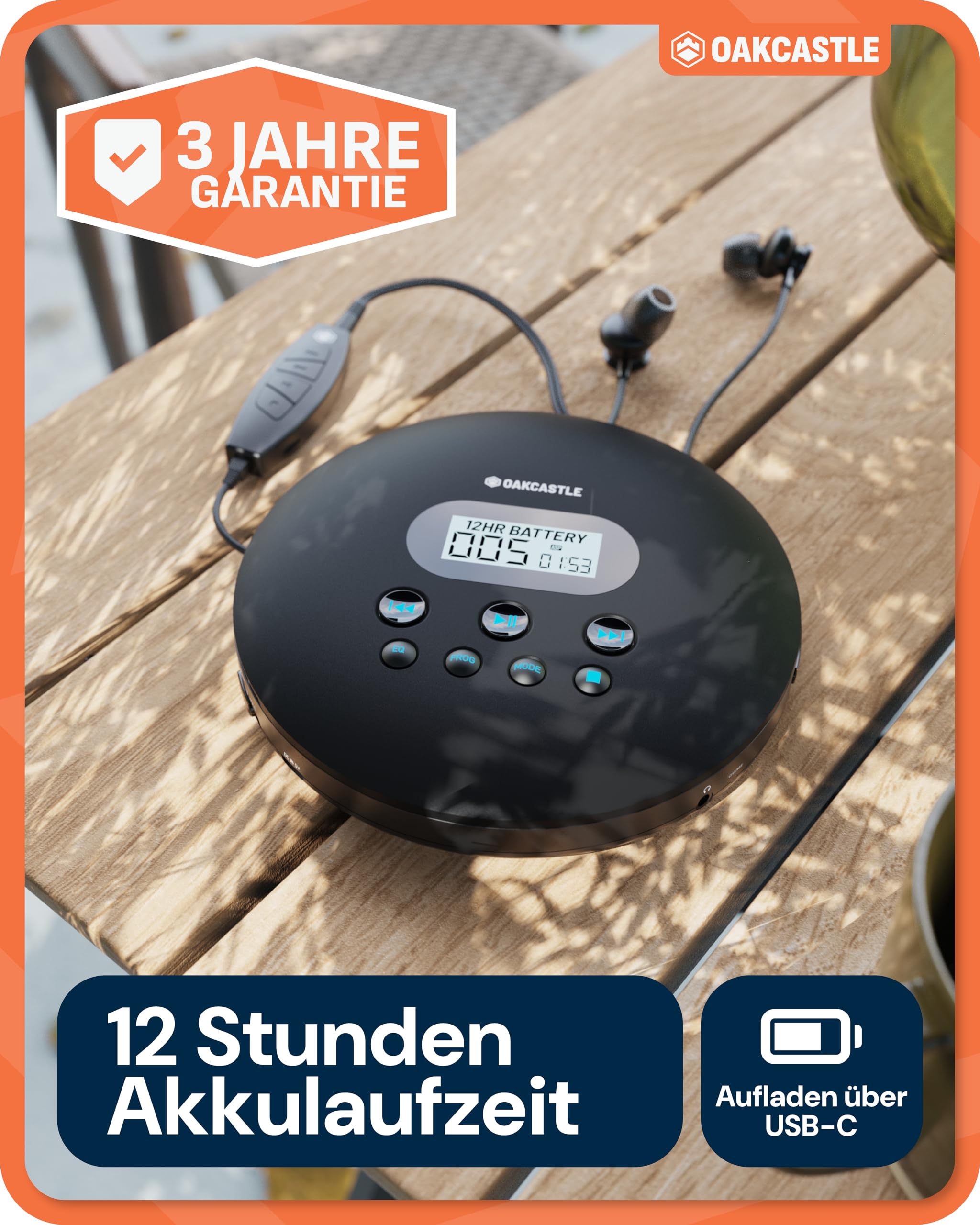 Oakcastle CD100 Rechargeable Bluetooth CD Player | 12hr Portable Playtime | In Car Compatible Personal CD Player | Headphones Included, AUX Output, EQ, CD Walkman (Schwarz)