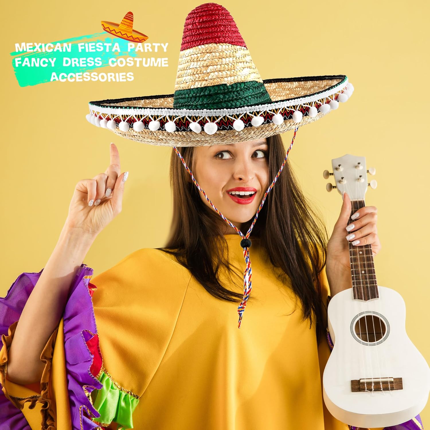 2 Packs Mexican Sombrero Hat Large Sombrero Straw Hat with Ball Fringe for Adults Teens Carnival Mexican Theme Party Decorations