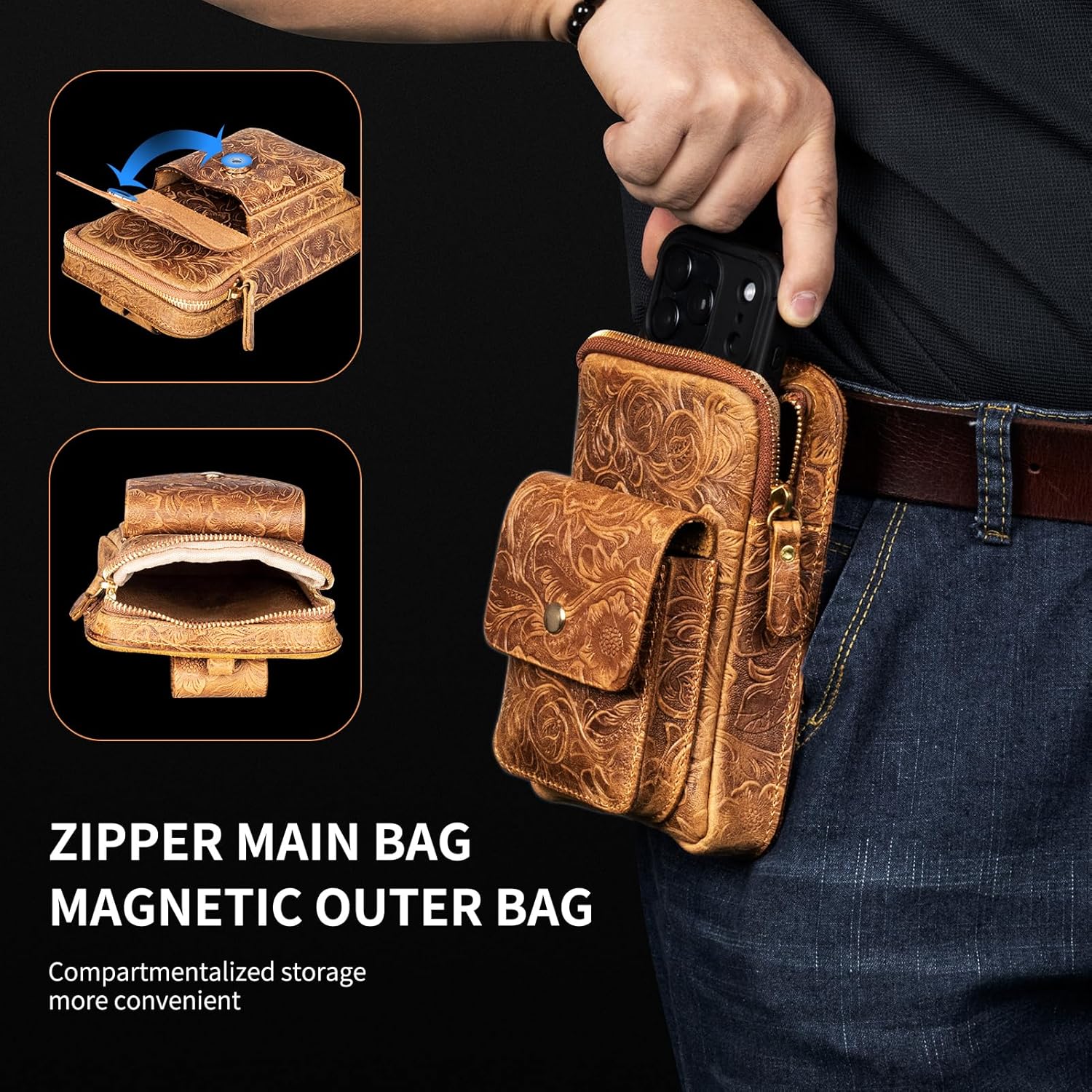 Belt Bags and Holster for iPhone 17/16/15/14/13Pro Max 16/15/14 Plus, Compatible with Samsung Galaxy S26/S25/S24/S23/S22 Ultra,Genuine Leather Belt Pouch Tool Bags and Phone Bags, Brown