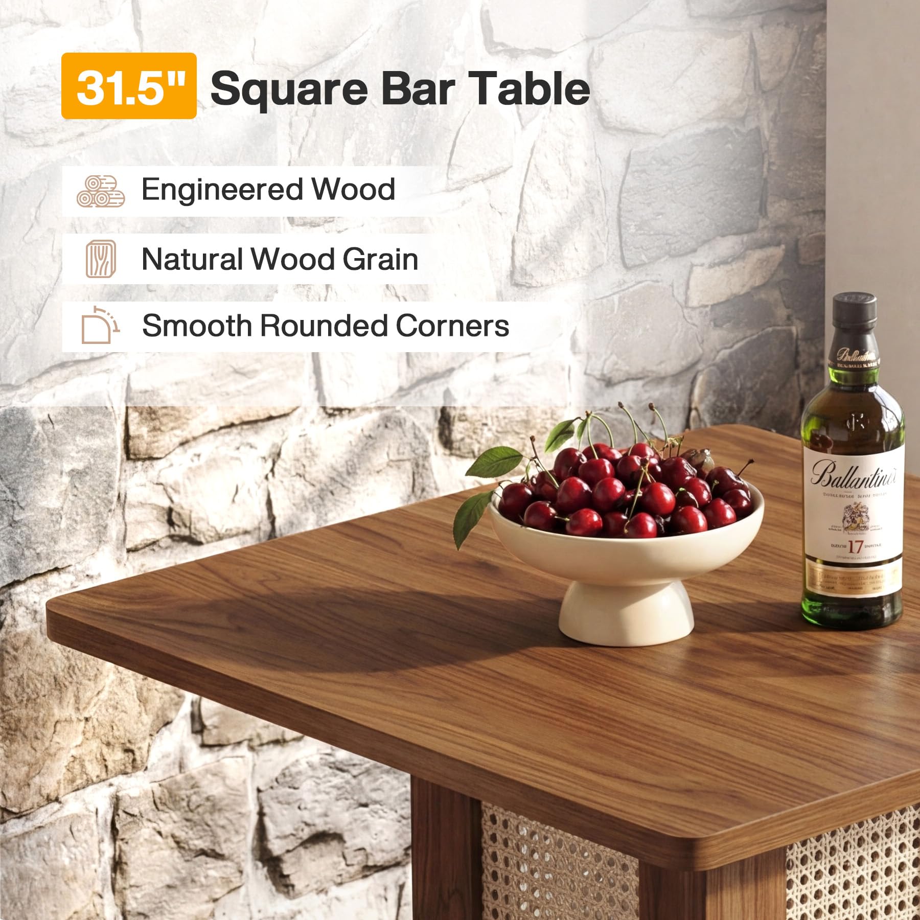 Tribesigns Table de Bar Carrée 80×80cm, Mange-Debout Bohème Cannage Rotin, Plateau Bois Marron Pied Métal Noir, Table Haute avec Repose-Pieds pour Cuisine Salon Café Balcon