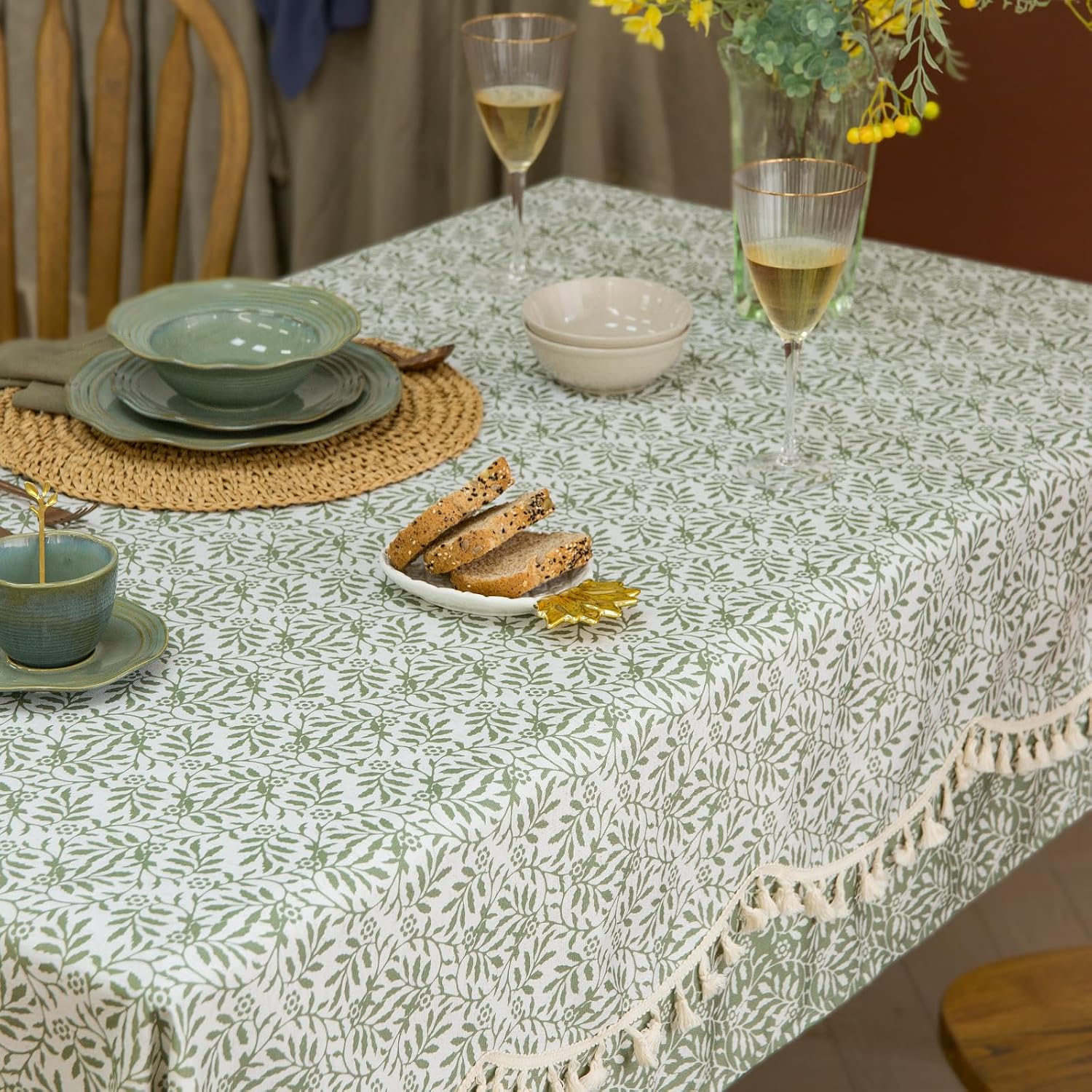Rustic Tablecloth Linen Blended Rectangle/Oblong Tablecloth Plant Leaf Printed with Wavy Line Tassels Trim Table Cover for Buffet Parties Event Farmhouse Kitchen Dining Decor Olive Green 55x84 In